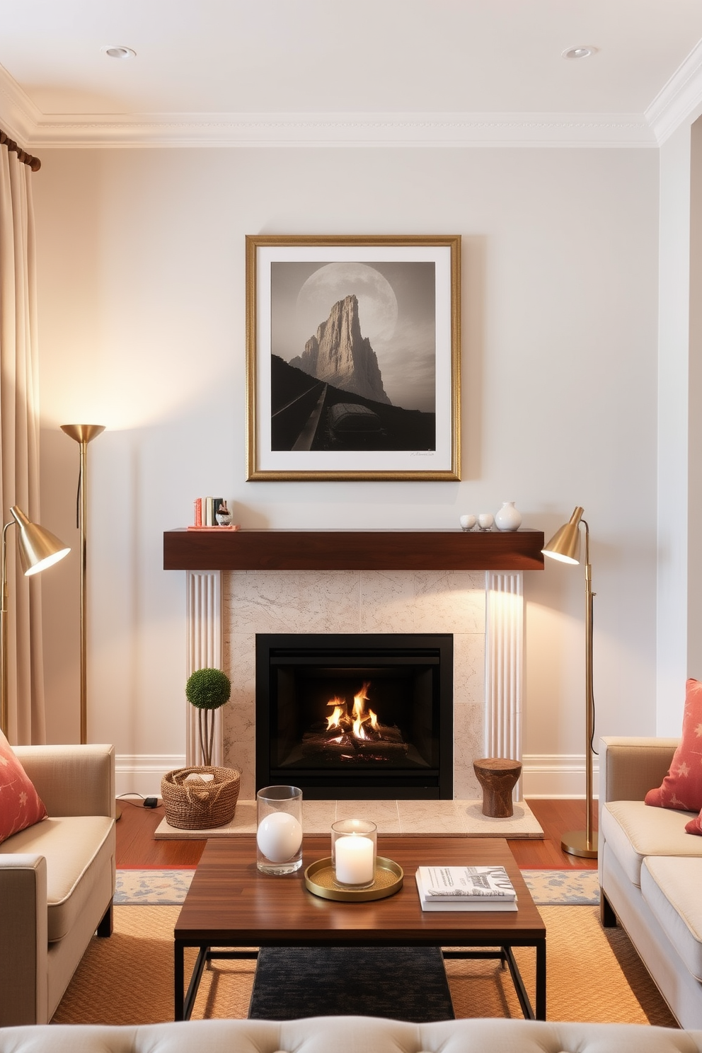 A cozy small living room featuring a stylish fireplace as the focal point. Layered lighting is achieved through the use of elegant floor lamps positioned strategically around the room to create a warm and inviting atmosphere.