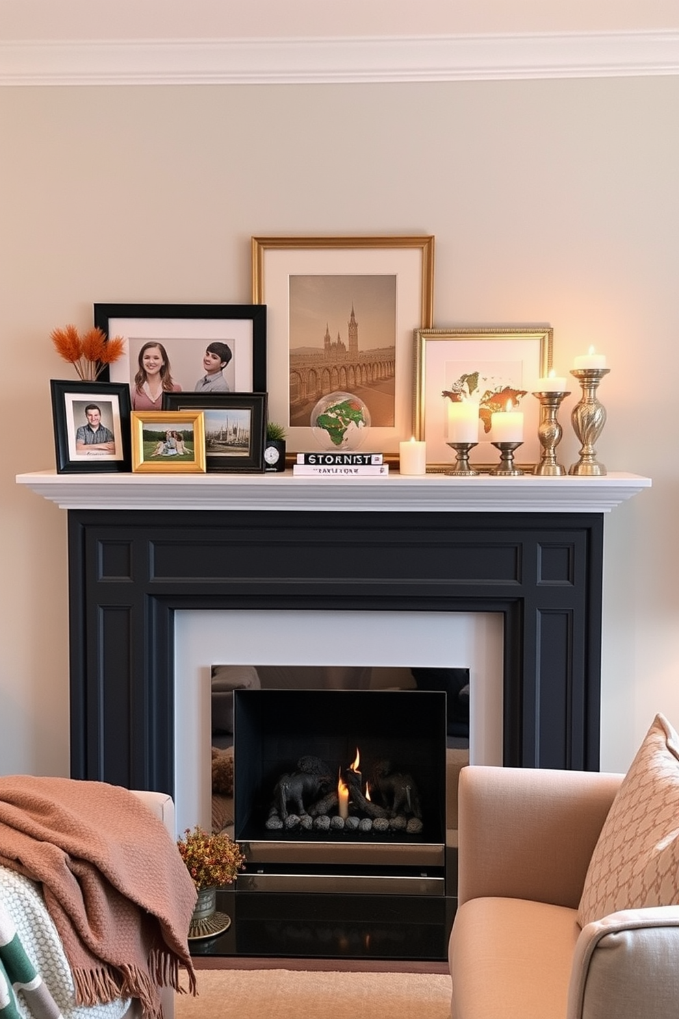 A cozy small living room features a stylish mantel shelf adorned with personalized decor items. On the shelf, there are framed family photos, a collection of travel souvenirs, and a few decorative candles that create a warm ambiance. The fireplace beneath the mantel is elegantly designed with a modern touch, surrounded by a tasteful arrangement of comfortable seating. Soft throw blankets and cushions in complementary colors enhance the inviting atmosphere of the space.