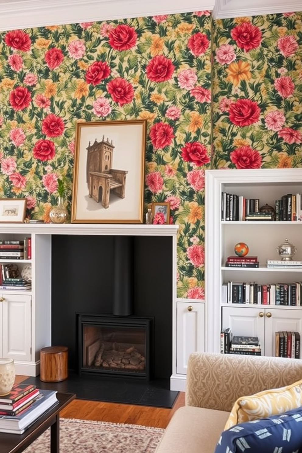 Accent wall with bold wallpaper design. The wall features a vibrant floral pattern that adds a pop of color to the small living room. Small living room with fireplace design ideas. A cozy fireplace is the focal point, surrounded by built-in shelves filled with books and decorative items.