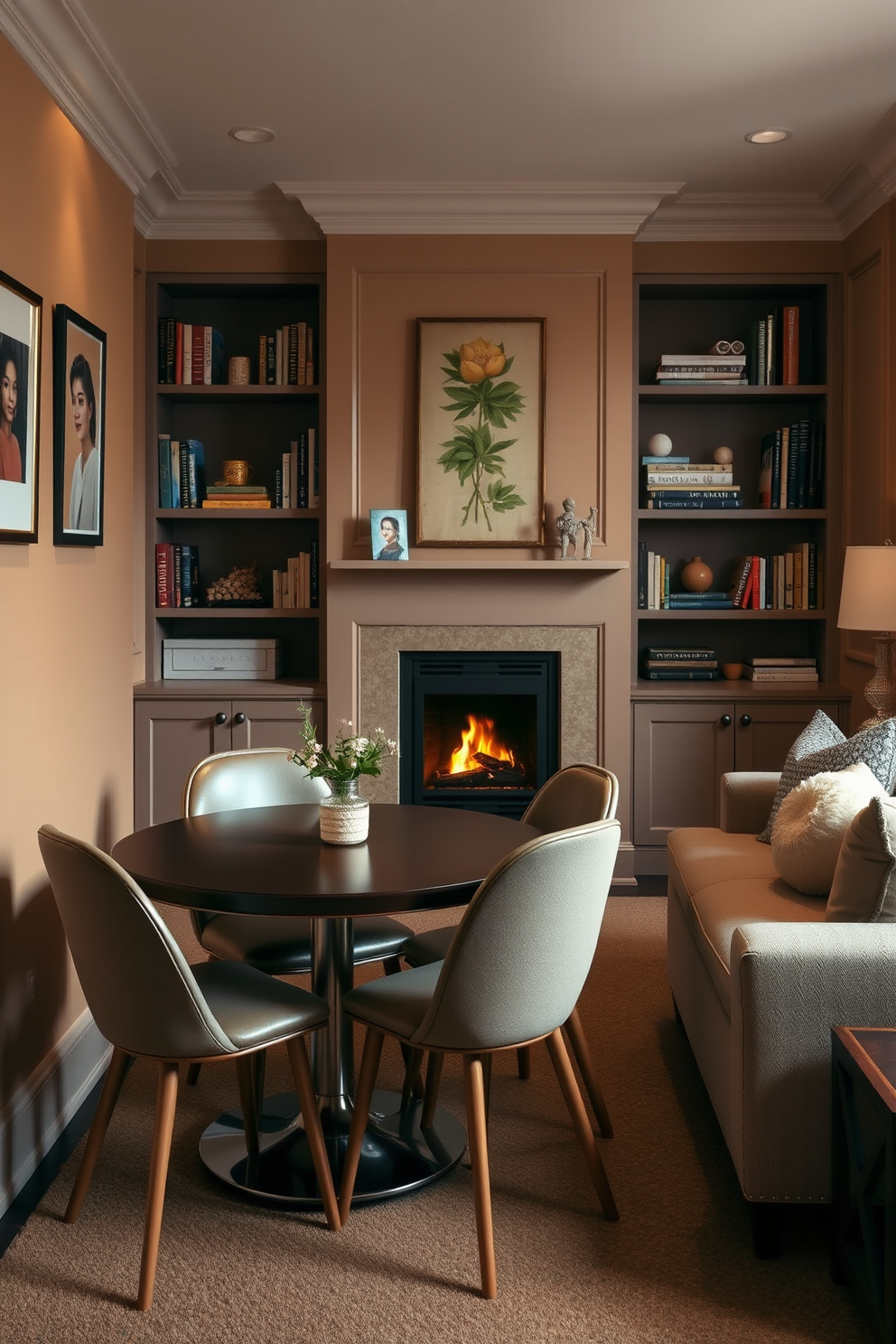 A cozy small living room featuring a modern fireplace as the focal point. The space is adorned with a plush sectional sofa in a neutral tone, complemented by colorful throw pillows and a soft area rug. Nearby, a stylish bar cart is elegantly set up, showcasing an assortment of glassware and a selection of spirits. The walls are painted in a warm beige hue, and large windows allow natural light to fill the room, enhancing the inviting atmosphere.