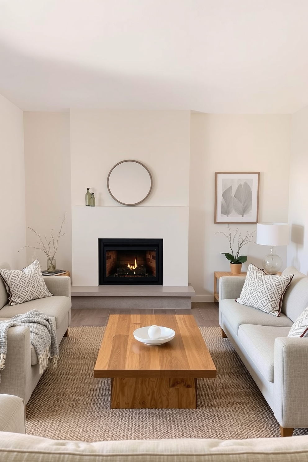 A small living room designed with a neutral color palette creates a serene ambiance. The space features a cozy fireplace as the focal point, surrounded by soft beige walls and light gray furniture. Plush seating arrangements invite relaxation, complemented by a minimalist coffee table in natural wood. Decorative elements like a woven rug and subtle artwork enhance the tranquil atmosphere without overwhelming the senses.