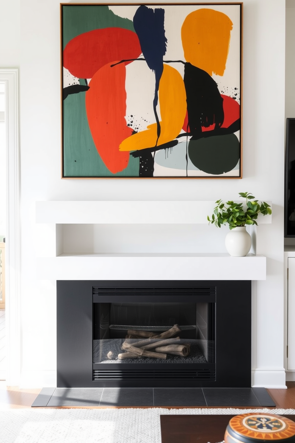 A cozy small living room features a modern fireplace as the focal point. Above the fireplace, a large contemporary art piece with bold colors and abstract shapes draws the eye and adds vibrancy to the space.