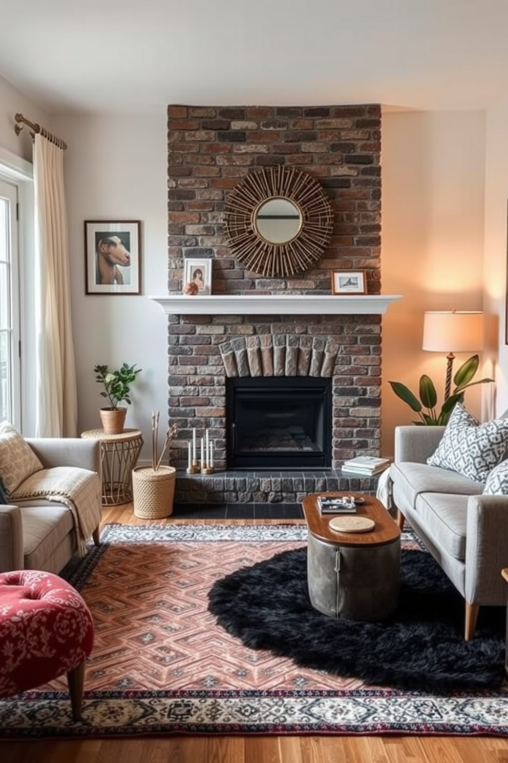 A cozy small living room featuring layered rugs that add depth and texture to the space. A stylish fireplace serves as the focal point, surrounded by comfortable seating and warm lighting.