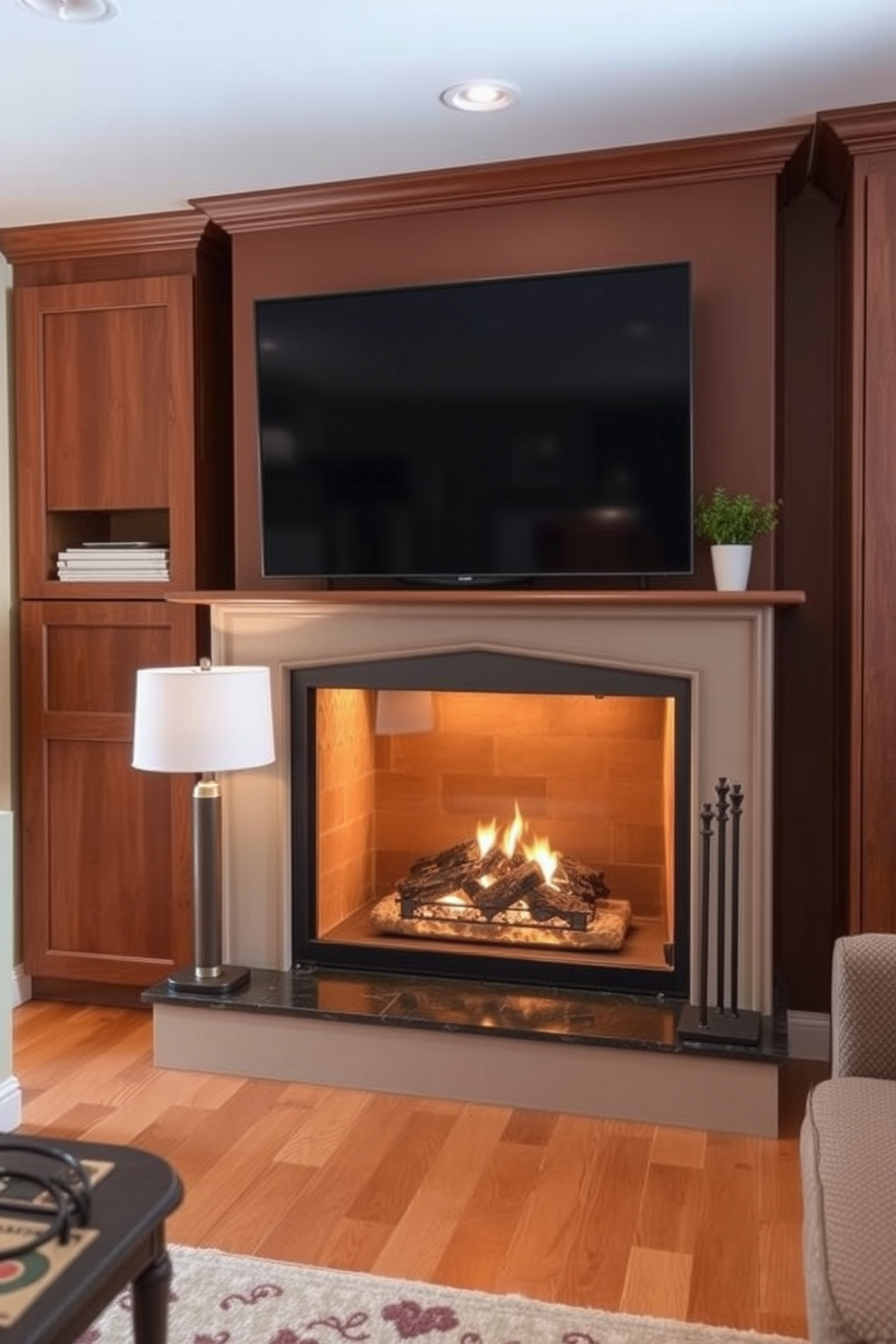 A cozy small living room features an elegant fireplace with integrated storage beneath it. The storage is designed with wooden cabinetry that complements the warm tones of the room, creating a seamless and functional space.