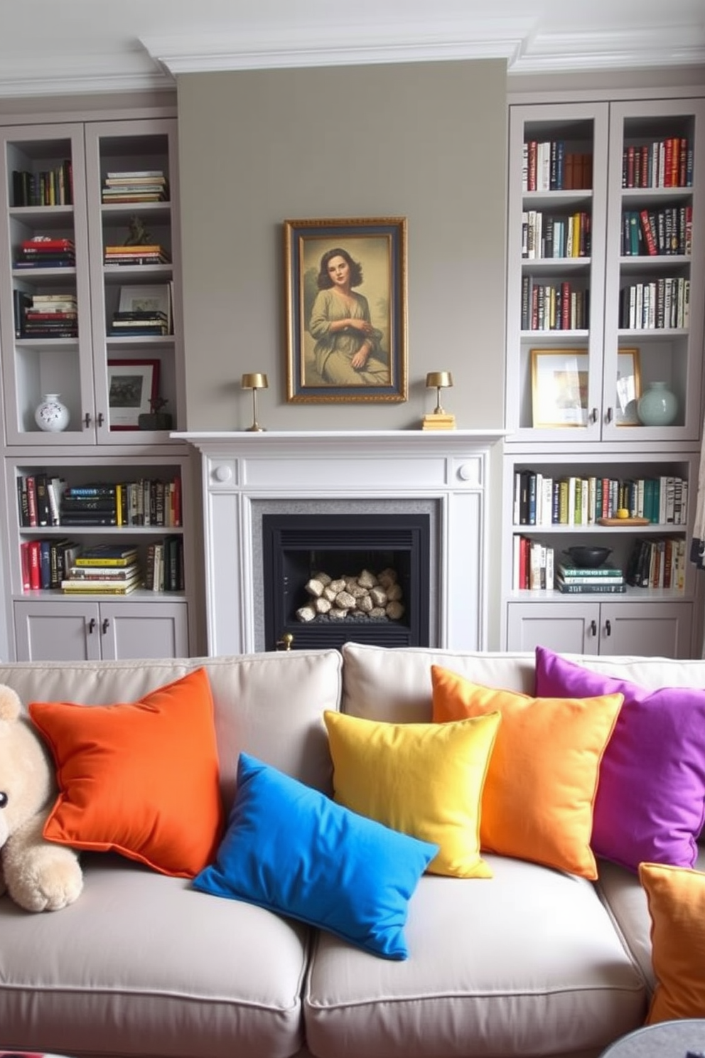 Bright throw pillows in vibrant colors are scattered across a cozy sofa, adding a playful touch to the small living room. A stylish fireplace serves as the focal point, framed by elegant built-in shelves filled with books and decorative items.