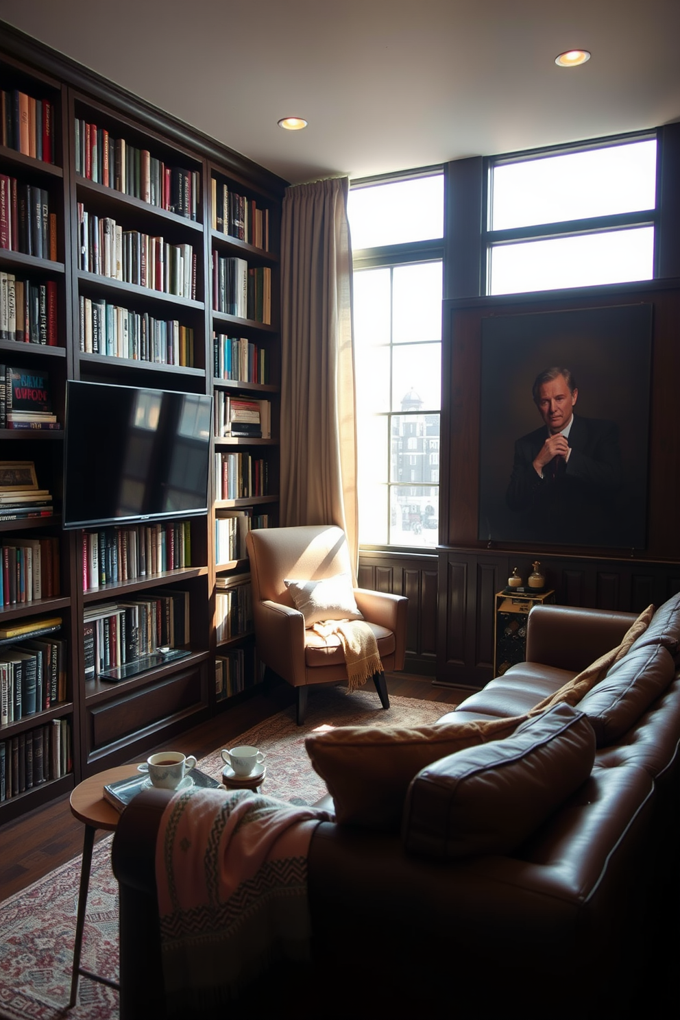 Cozy reading nook with comfortable chair. A plush armchair is nestled in the corner, surrounded by tall bookshelves filled with an array of novels. Soft lighting from a nearby floor lamp casts a warm glow, creating an inviting atmosphere for relaxation. A small side table holds a steaming cup of tea and a stack of books waiting to be read. Small man cave design ideas. The space features a leather sectional sofa facing a large flat-screen TV mounted on the wall. Dark wood accents and industrial-style lighting add a masculine touch, while a mini-fridge stocked with beverages completes the perfect retreat for entertainment.