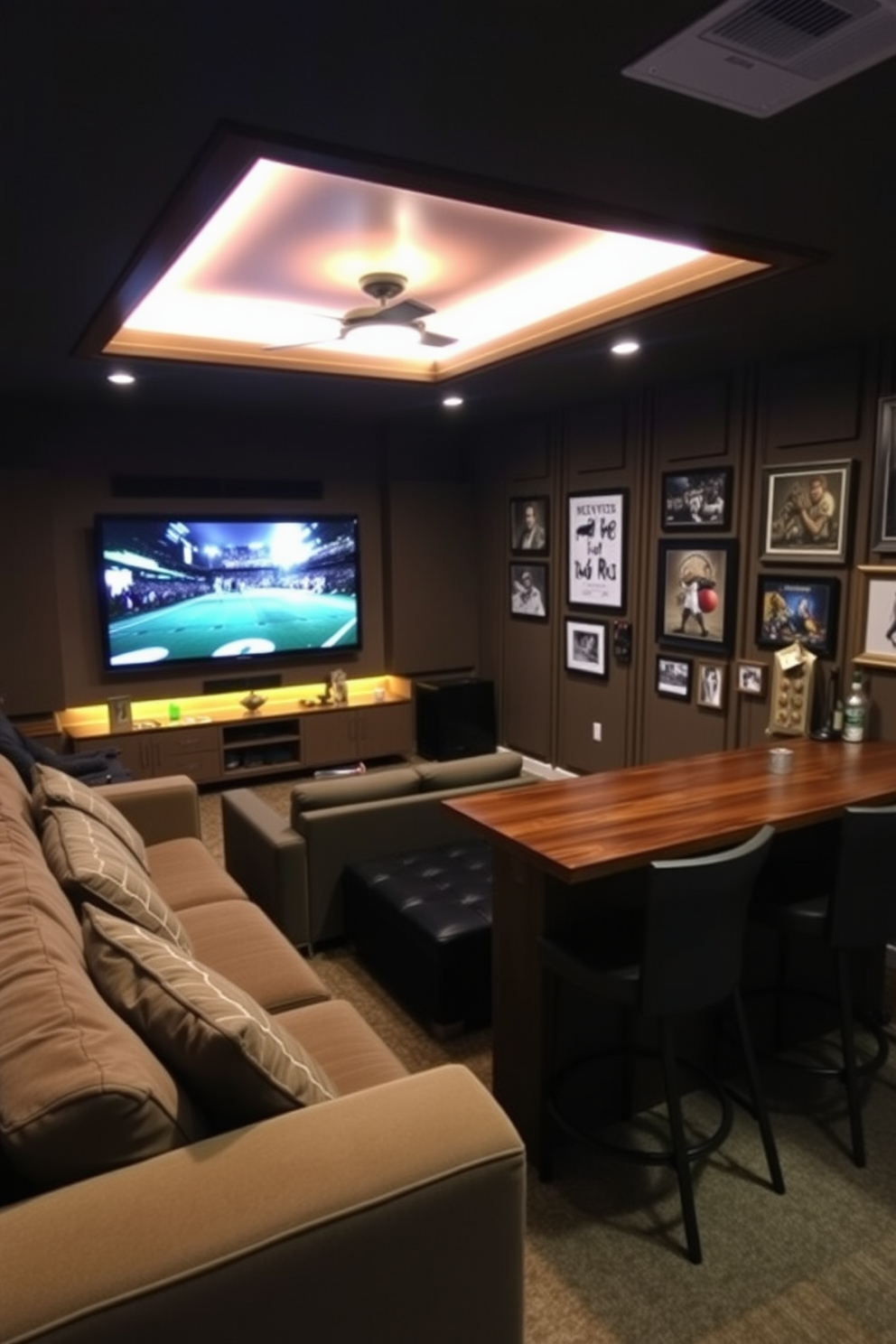 A cozy man cave designed for relaxation and entertainment features soundproofing panels on the walls to ensure a quiet environment. The space includes a plush sectional sofa facing a large flat-screen TV, with ambient lighting creating a warm atmosphere. Incorporate a mini bar with stylish bar stools and a rustic wooden countertop for hosting friends. A collection of framed artwork and sports memorabilia adorns the walls, adding a personal touch to the space.