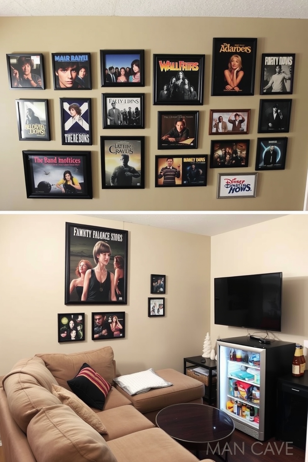 A creative wall art display featuring iconic scenes from favorite movies and album covers from beloved bands. The artwork is arranged in a gallery style with various frame sizes and colors to add visual interest and personality. A cozy man cave designed for relaxation and entertainment. The space includes a plush sectional sofa, a large flat-screen TV mounted on the wall, and a mini-fridge stocked with snacks and beverages.