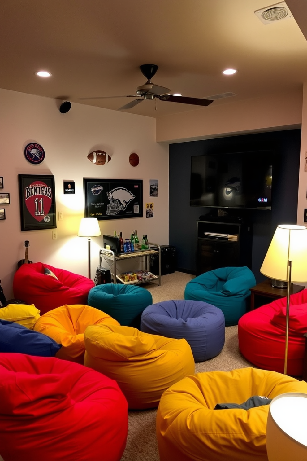 A cozy man cave featuring bean bags in various vibrant colors scattered around the room. The walls are adorned with sports memorabilia and a large flat-screen TV is mounted for entertainment. In one corner, a small bar cart holds an assortment of drinks and snacks. Ambient lighting from floor lamps creates a warm and inviting atmosphere for relaxation and socializing.