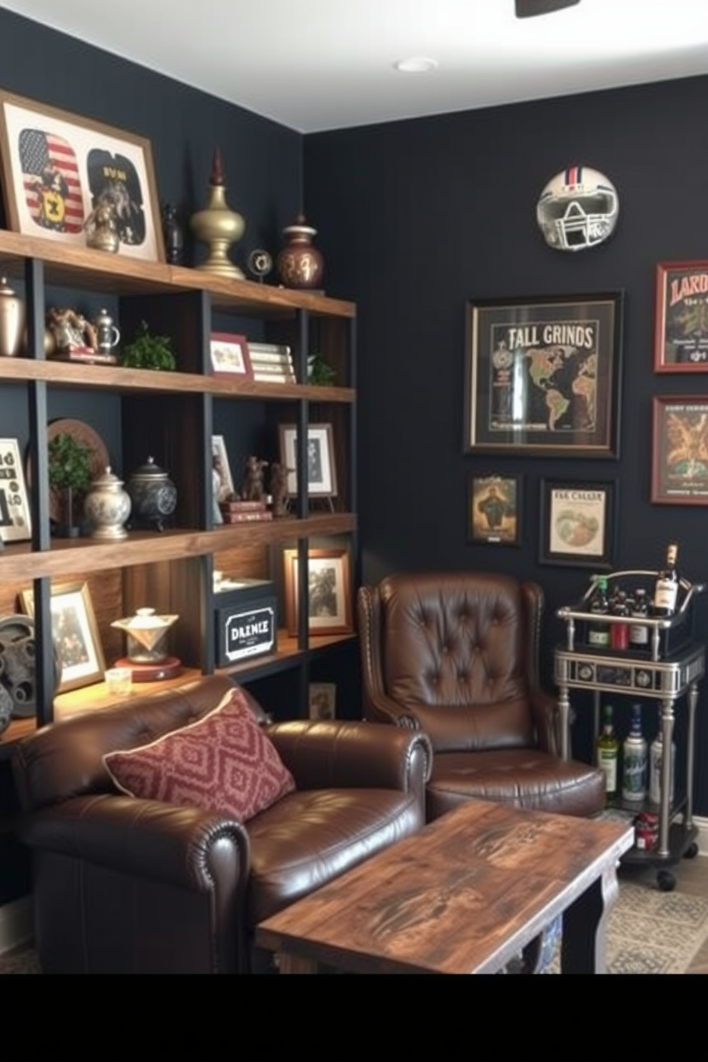 A cozy man cave featuring bean bag chairs arranged in a relaxed seating area. The walls are adorned with sports memorabilia and ambient lighting creates a warm atmosphere. In one corner, a small bar cart is stocked with drinks and snacks for entertaining guests. A large flat-screen TV is mounted on the wall, surrounded by shelves filled with books and games.