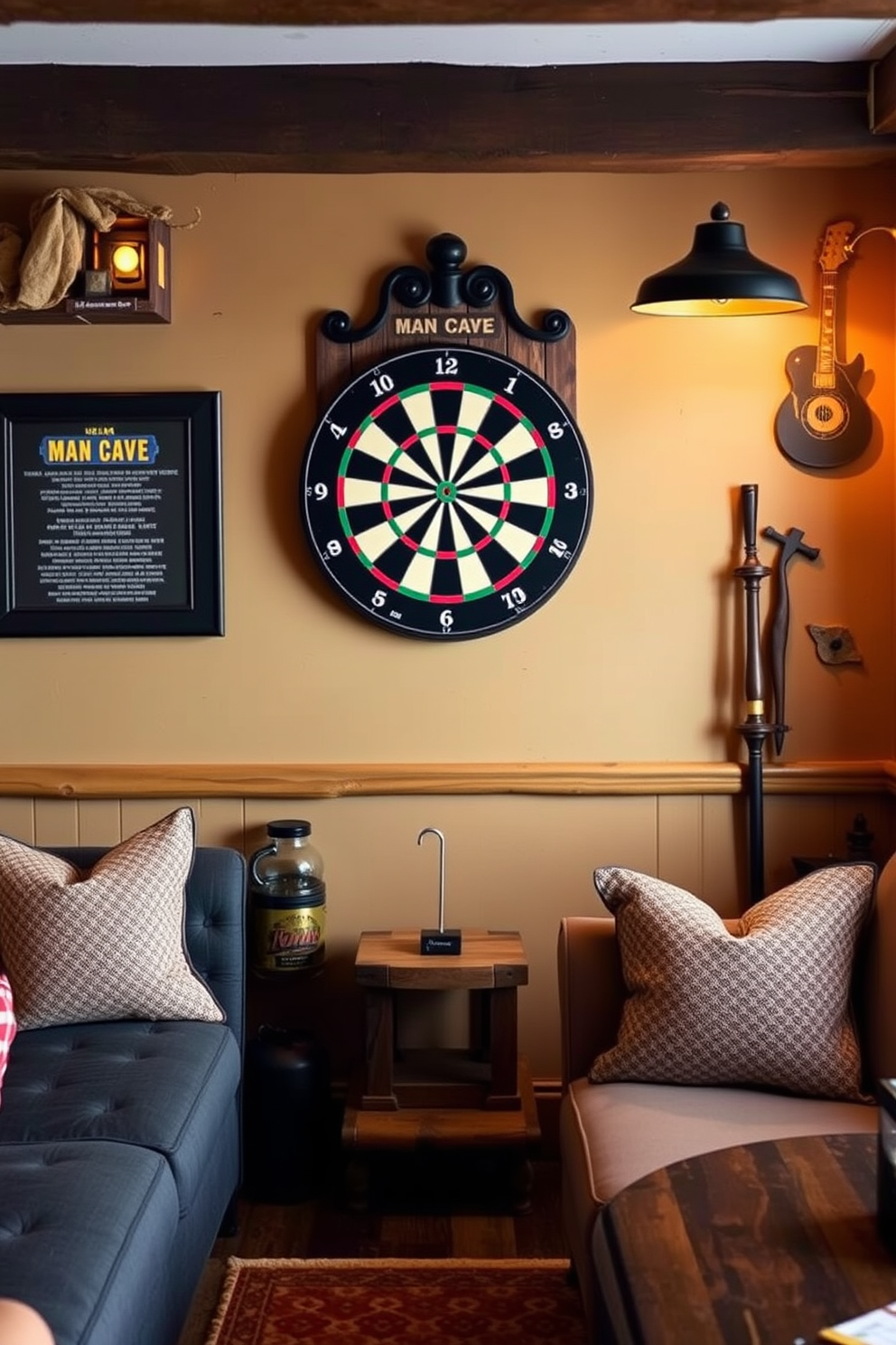 A cozy man cave featuring a vintage dartboard mounted on the wall. The space is adorned with comfortable seating, warm lighting, and rustic decor elements that invite relaxation and socializing.