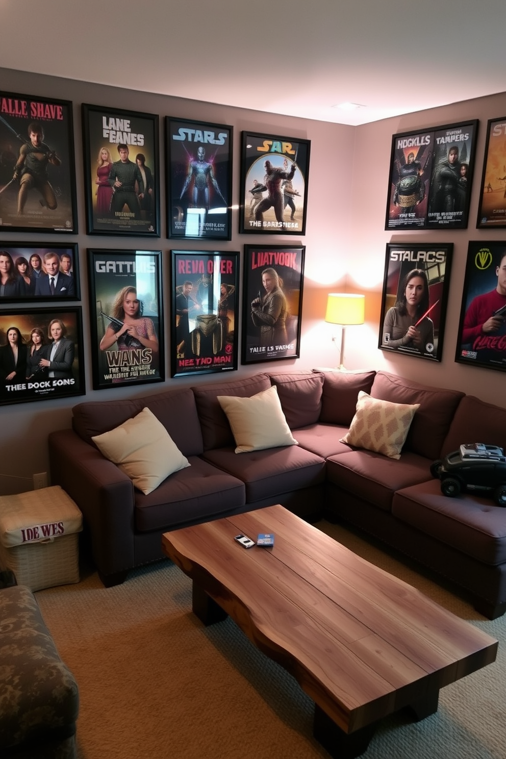 A cozy man cave featuring framed posters of favorite shows and games adorning the walls. The space includes a comfortable sectional sofa, a coffee table made of reclaimed wood, and ambient lighting to create a relaxed atmosphere.