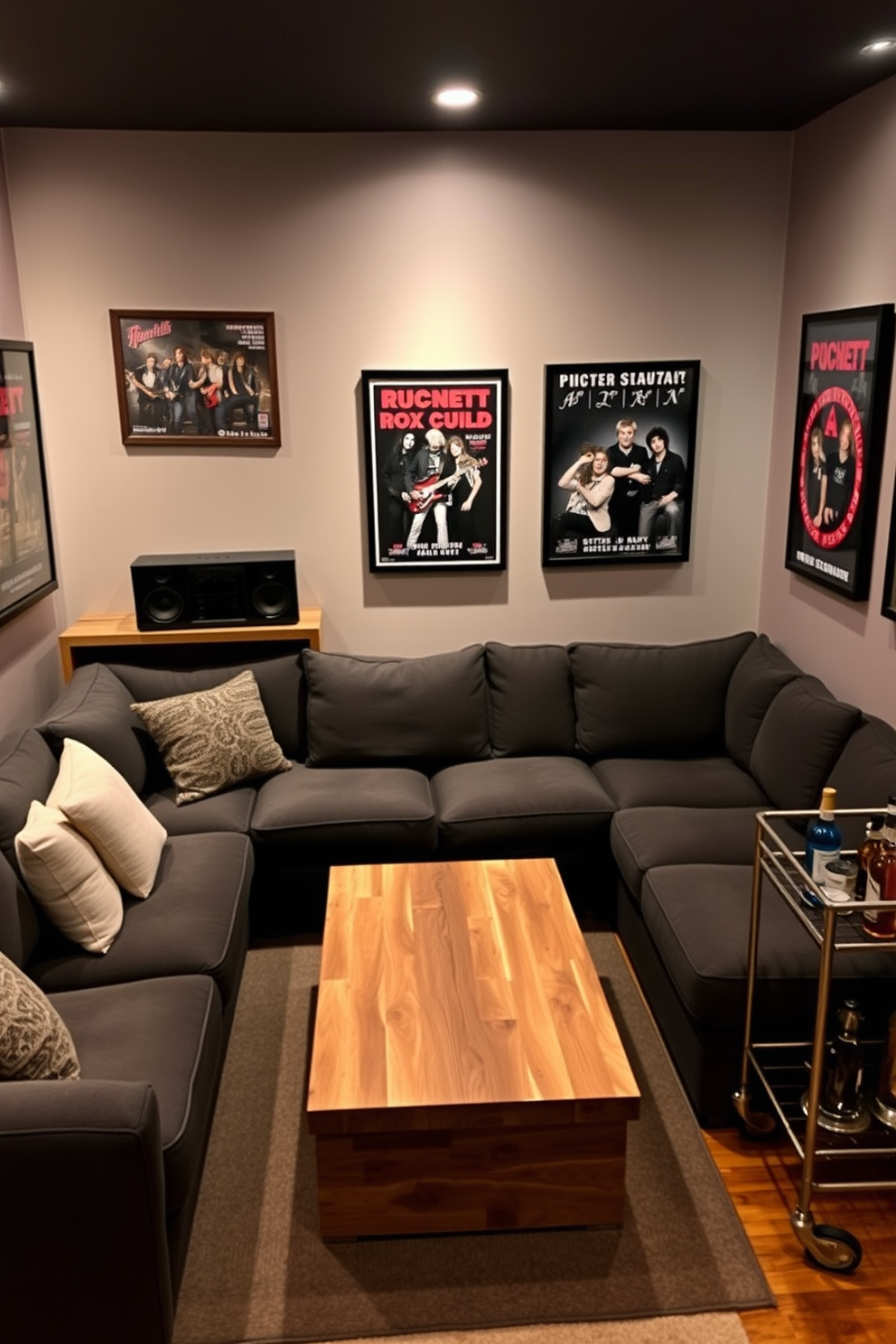 A cozy man cave featuring a plush sectional sofa in dark gray fabric, positioned around a sleek coffee table made of reclaimed wood. On the walls, framed posters of classic rock bands add a personal touch, while ambient lighting creates a relaxed atmosphere. In one corner, a portable speaker system sits on a stylish shelf, ready to fill the space with music. A small bar cart stocked with beverages complements the design, making it the perfect spot for entertaining friends.