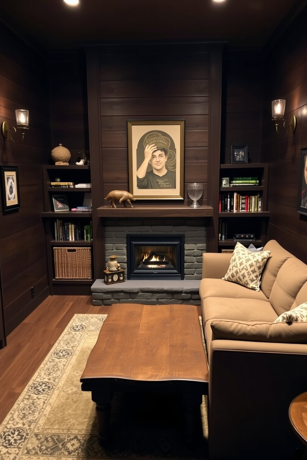 A cozy small man cave featuring a compact fireplace that provides warmth and ambiance. The walls are adorned with dark wood paneling, and a plush sectional sofa faces the fireplace, creating an inviting atmosphere. In one corner, a rustic coffee table sits atop a soft area rug, while shelves filled with books and memorabilia add a personal touch. Soft lighting from stylish sconces enhances the room's intimate feel, making it the perfect retreat for relaxation and entertainment.