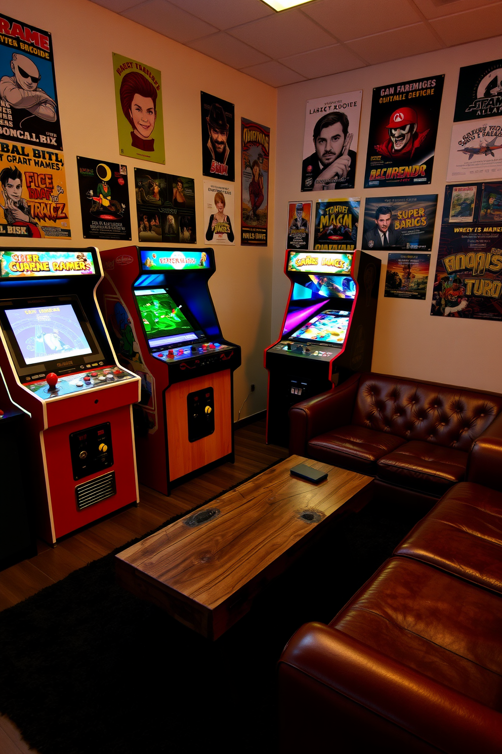 A vintage arcade game setup featuring classic machines with bright colors and retro designs. The walls are adorned with posters of iconic arcade games and the floor is covered with a plush, dark rug for comfort. In the corner, a cozy seating area includes a leather couch and a small coffee table made of reclaimed wood. Soft, ambient lighting creates a warm atmosphere, perfect for enjoying games with friends.