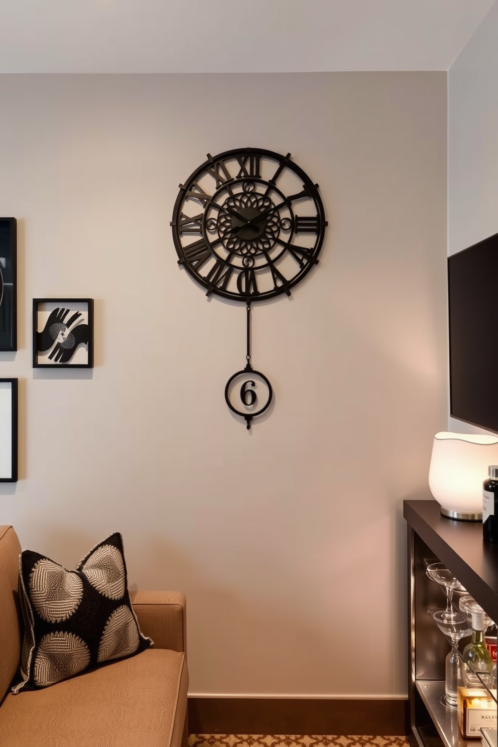 A personalized wall clock features an intricate design that reflects the owner's style and interests. The clock is mounted on a feature wall adorned with art pieces that complement its aesthetic. The small man cave is designed with a cozy atmosphere in mind, incorporating comfortable seating and ambient lighting. The space includes a mini bar area with stylish shelving to showcase spirits and glassware.