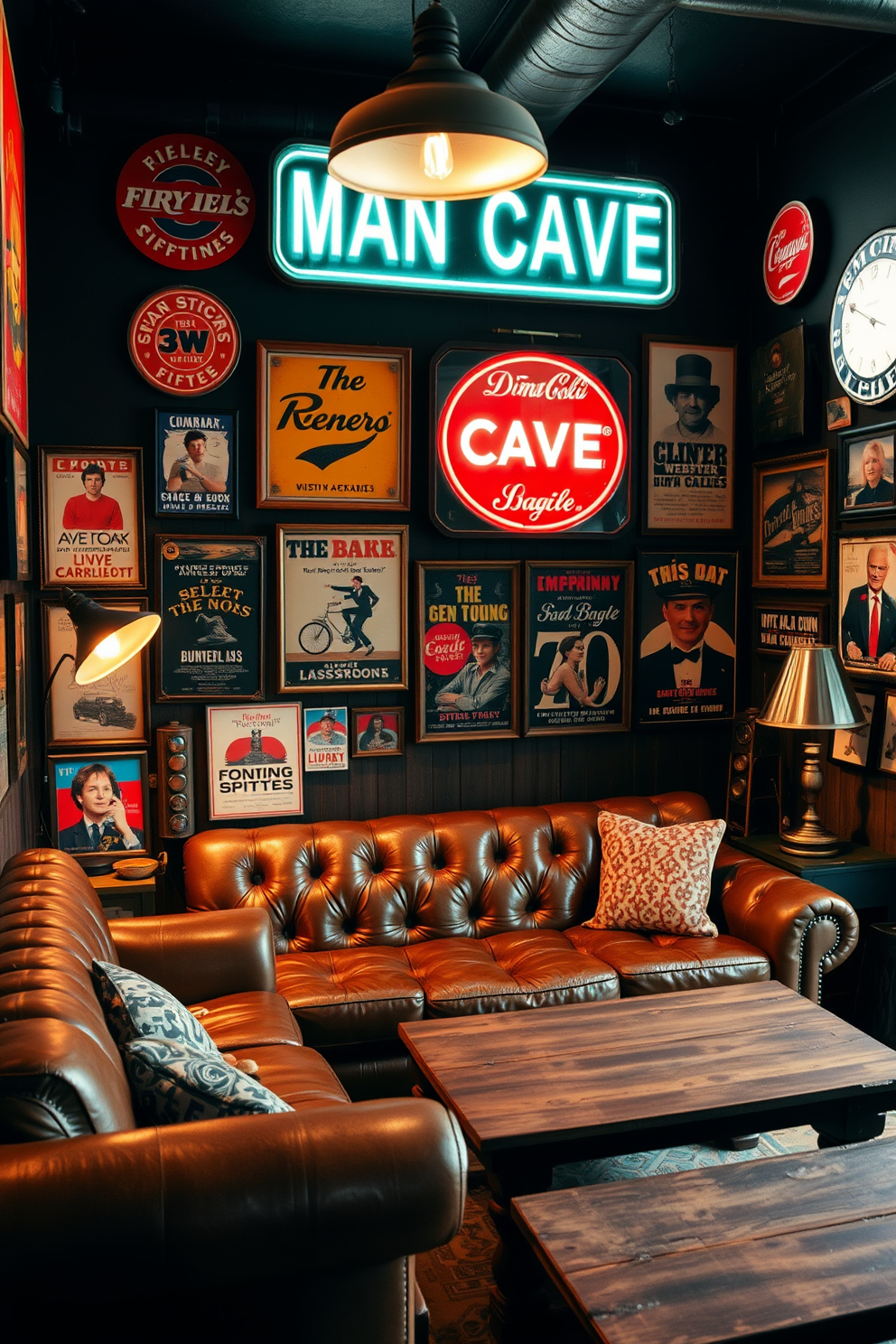 A cozy man cave featuring vintage signs that evoke nostalgia. The walls are adorned with a collection of retro advertisements and classic movie posters, creating a warm and inviting atmosphere. The seating area includes a plush leather sofa paired with a rustic wooden coffee table. Ambient lighting from vintage-style lamps enhances the relaxed vibe, making it the perfect space for unwinding.