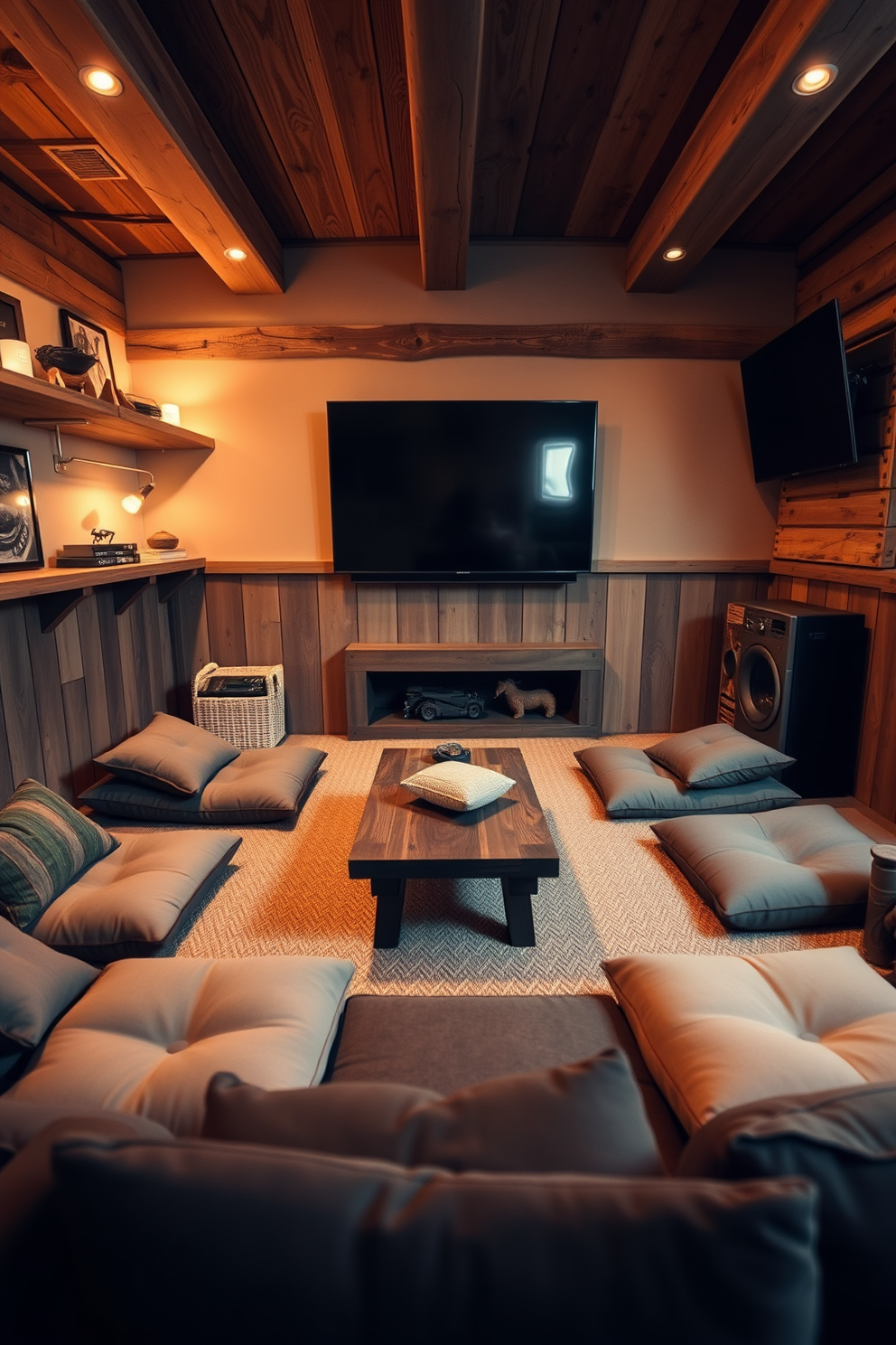 A cozy man cave featuring comfortable floor cushions arranged around a low coffee table. The space is accented with warm lighting, rustic wooden shelves, and a large flat-screen TV mounted on the wall.