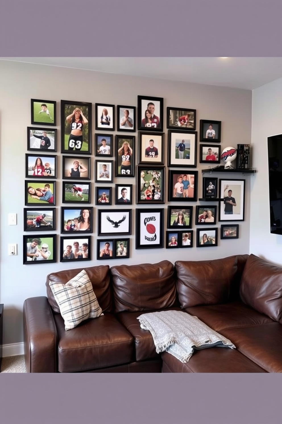 A cozy man cave featuring a portable projector set up for movie nights. The room is adorned with a plush sectional sofa, surrounded by soft lighting and acoustic panels for an immersive viewing experience. The walls are painted in deep navy blue, providing a dramatic backdrop. A stylish coffee table sits in the center, complemented by scattered popcorn bowls and cozy blankets for a perfect movie night ambiance.