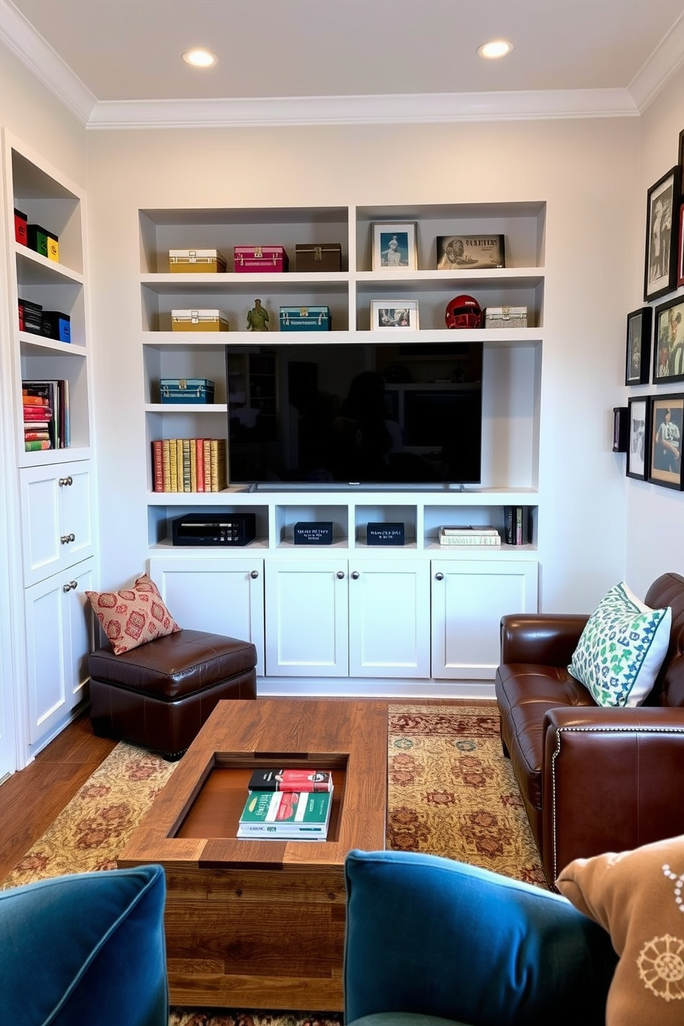 Creative storage solutions for clutter management. A sleek built-in shelving unit spans the wall, showcasing decorative boxes and books. A stylish ottoman with hidden compartments sits in the center, providing additional seating and storage. The room features a neutral color palette with pops of vibrant accents to create an inviting atmosphere. Small Man Cave Design Ideas. A cozy corner is adorned with a plush leather sofa and a rustic coffee table made from reclaimed wood. The walls are decorated with framed sports memorabilia and a large flat-screen TV is mounted for entertainment.