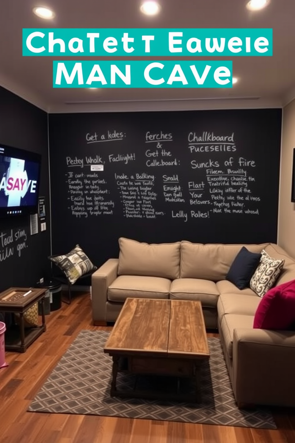 Chalkboard wall for notes and ideas. The wall is painted with chalkboard paint, allowing for easy writing and erasing of thoughts and reminders. Small Man Cave Design Ideas. The space features a cozy sectional sofa, a rustic coffee table, and a wall-mounted TV for entertainment.