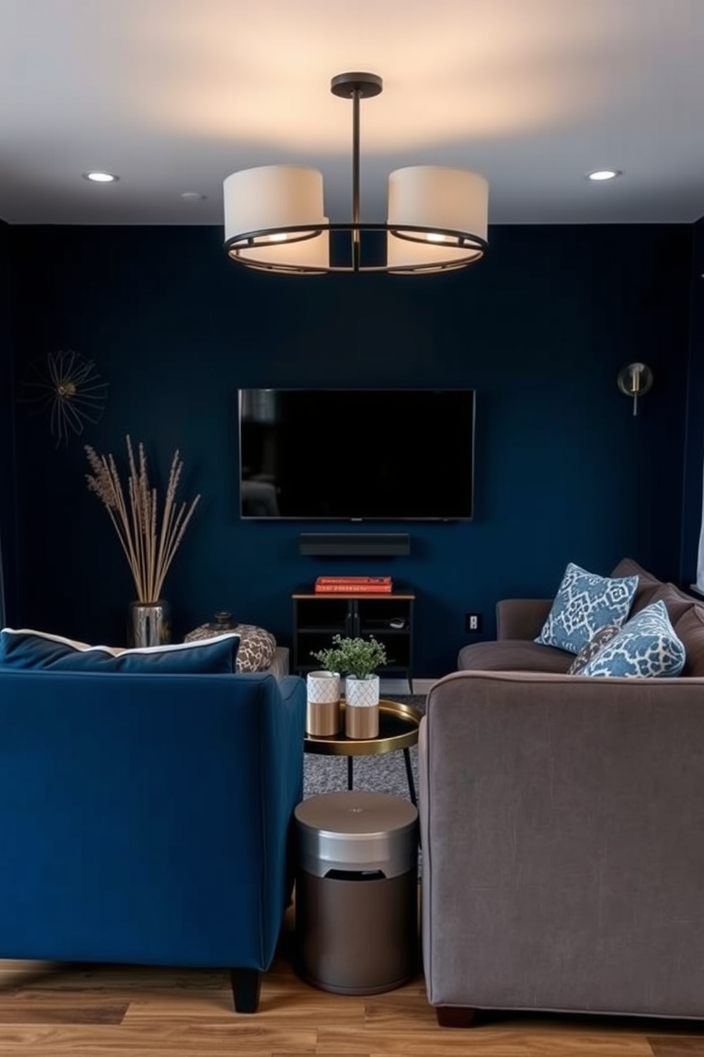 A cozy man cave featuring a wall-mounted TV as the focal point. Surrounding the TV are plush seating options, including a large sectional sofa and a couple of stylish armchairs for relaxation. The walls are painted in a deep navy blue, creating an intimate atmosphere. Accents of warm wood and metal decor add character and a touch of sophistication to the space.