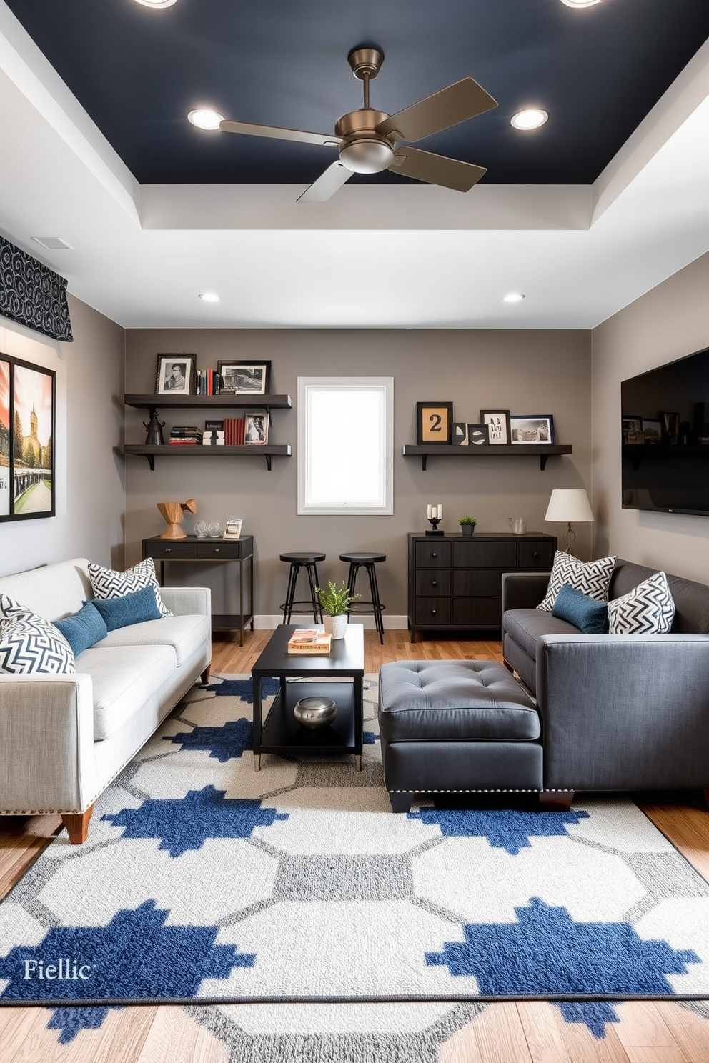 A cozy man cave featuring deep navy blue walls with a textured finish that adds depth and character. The space includes a plush sectional sofa, a rustic coffee table made from reclaimed wood, and a vintage arcade game for entertainment. Creative wall paint ideas include an accent wall with a geometric pattern in shades of gray and mustard yellow. The room is adorned with framed sports memorabilia and soft ambient lighting to create an inviting atmosphere.