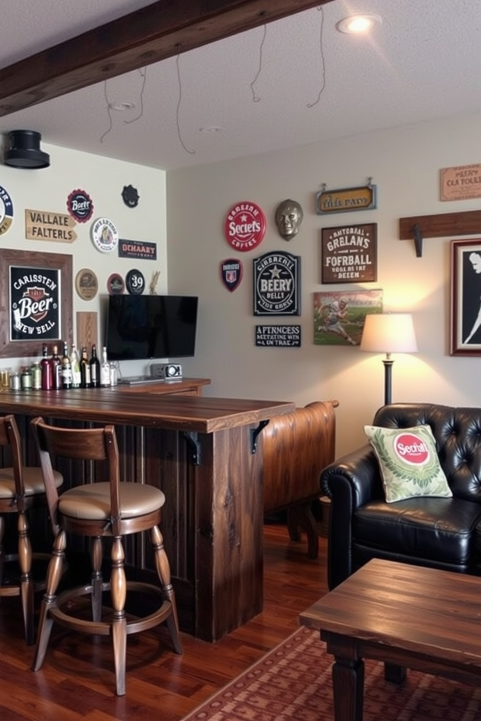 A rustic bar area features wooden stools with cushioned seats arranged around a reclaimed wood bar top. The walls are adorned with vintage beer signs and rustic decor elements, creating a cozy and inviting atmosphere. For small man cave design ideas, consider incorporating a dark leather sofa paired with a wooden coffee table. Accent the space with sports memorabilia and ambient lighting to enhance the relaxed vibe.