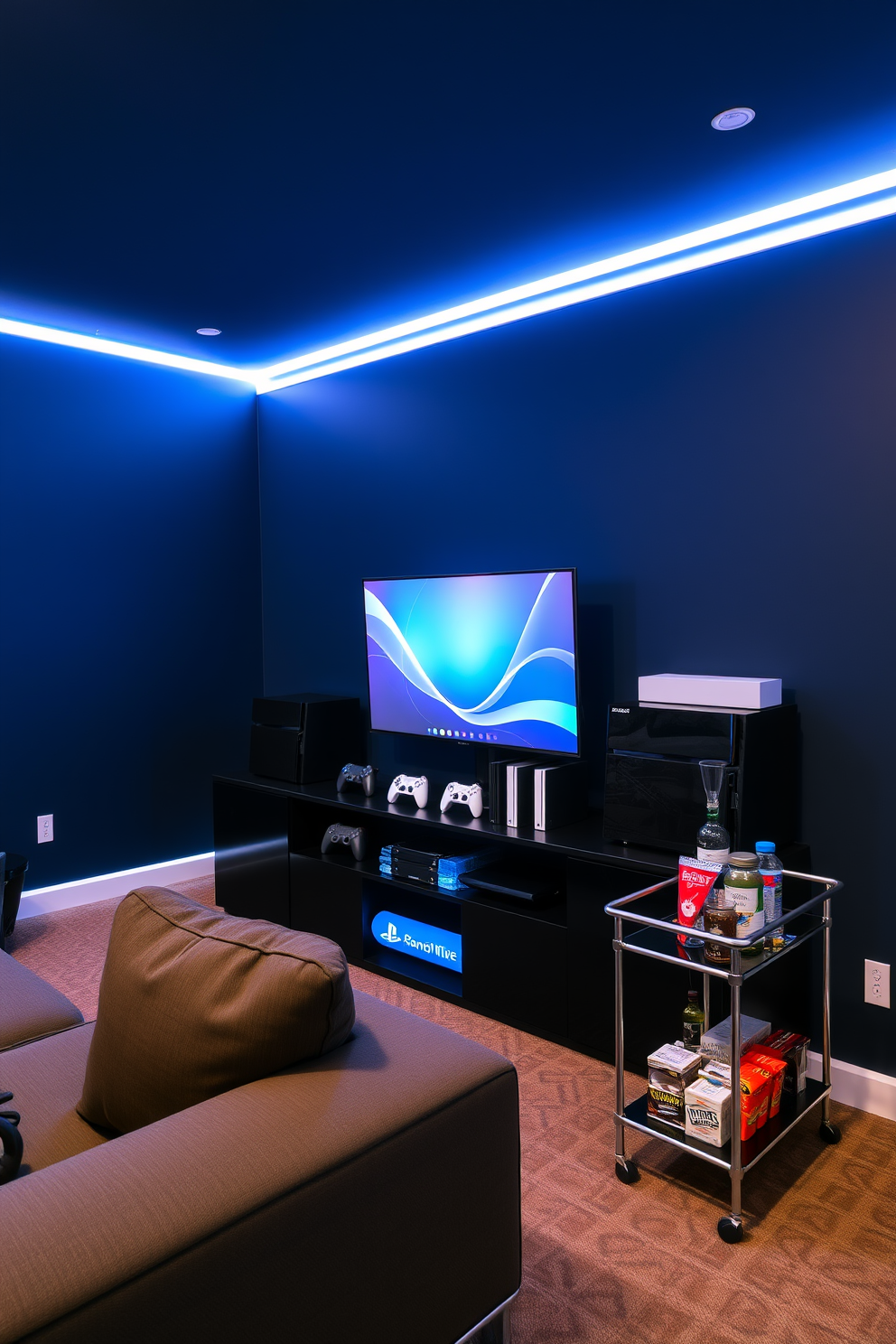 A modern gaming station featuring multiple consoles arranged neatly on a sleek black entertainment unit. The walls are painted in a deep navy blue, and LED strip lighting adds a vibrant glow around the room. In the corner, a cozy seating area with a plush sectional sofa invites relaxation. A small bar cart stocked with snacks and beverages enhances the man cave atmosphere, creating the perfect retreat for gaming enthusiasts.