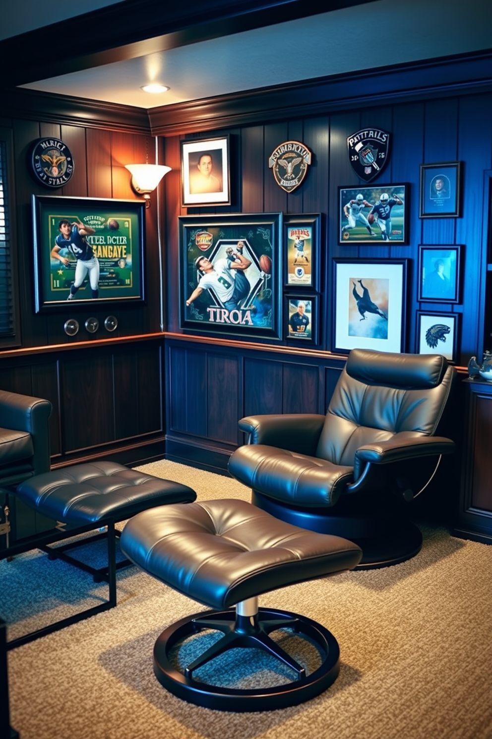 A cozy man cave featuring a leather recliner with a matching footrest positioned in front of a sleek coffee table. The walls are adorned with dark wood paneling and framed sports memorabilia, creating an inviting atmosphere.