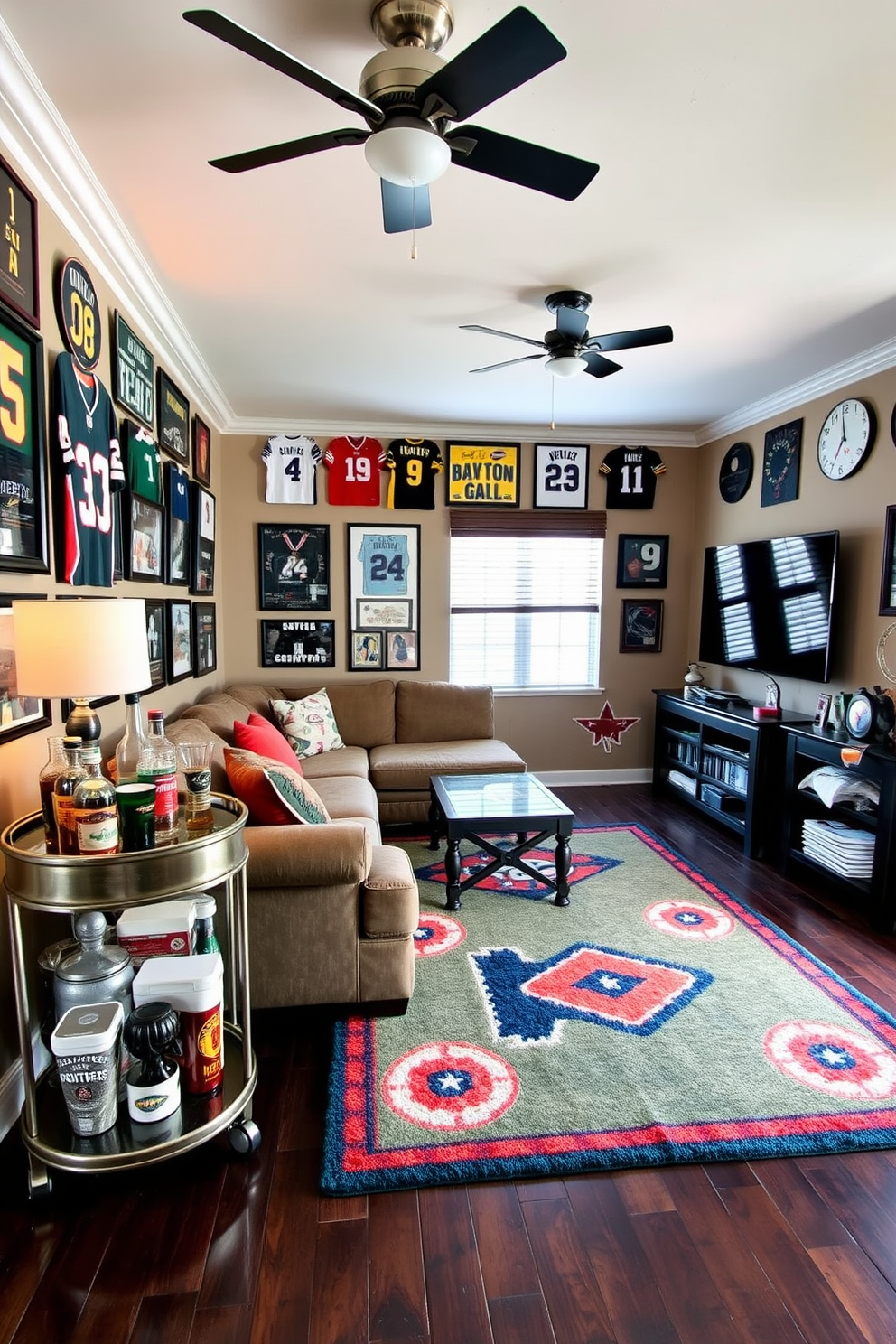 A cozy man cave featuring themed sports decor with memorabilia displays. The walls are adorned with framed jerseys and signed photographs, while a plush sectional sofa faces a large flat-screen TV. In one corner, a vintage bar cart showcases sports-themed glassware and collectibles. The flooring is a dark wood, complemented by a vibrant area rug that reflects the colors of the favorite team.