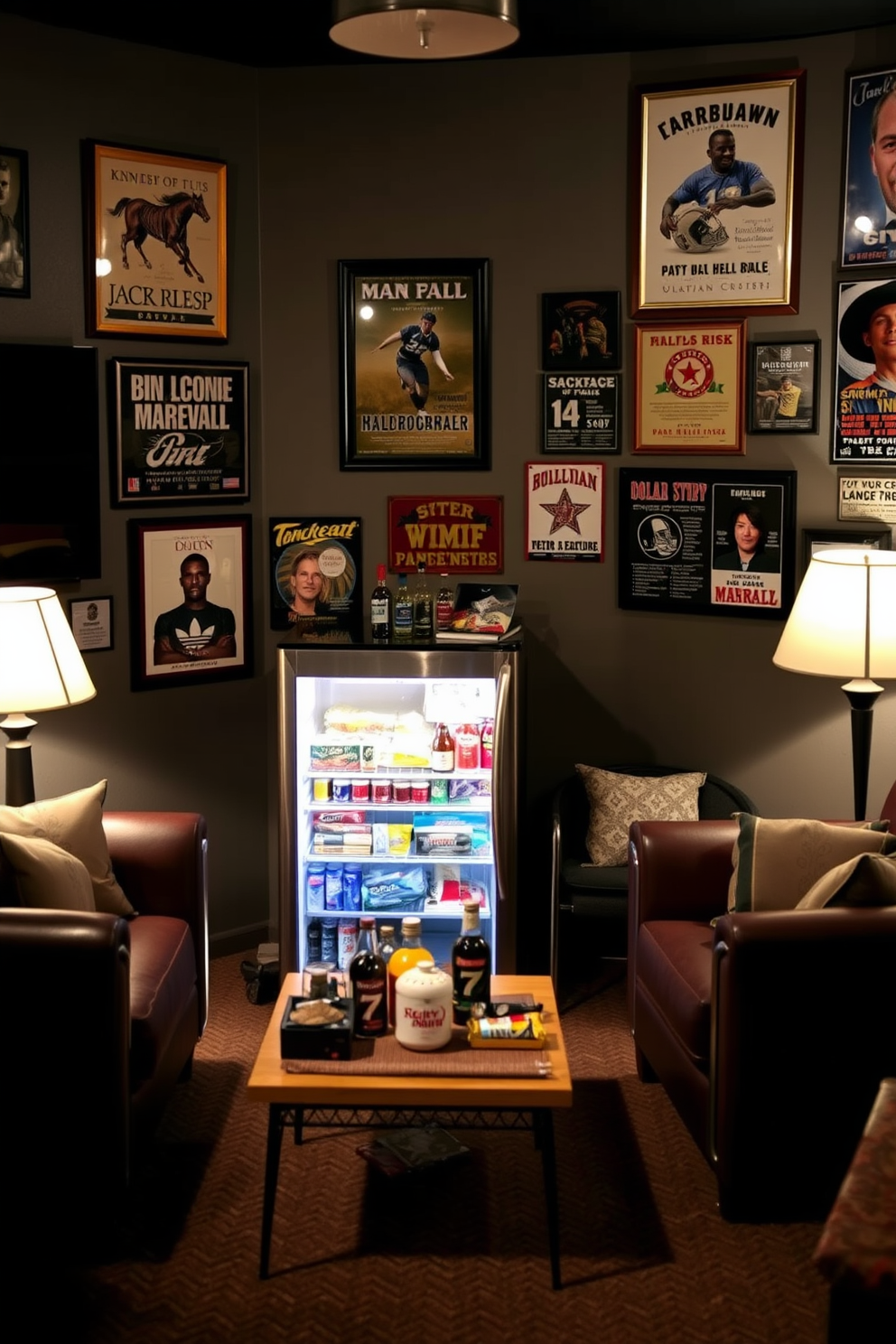 A compact mini fridge is placed against a wall in a cozy man cave, featuring a sleek design with a stainless steel finish. Surrounding the fridge are comfortable seating options, including a plush sofa and a couple of stylish armchairs, creating an inviting atmosphere for relaxation. The walls are adorned with vintage posters and sports memorabilia, enhancing the personal touch of the space. Soft lighting from strategically placed lamps adds warmth, while a small coffee table in front of the seating area holds an assortment of snacks and drinks, making it the perfect spot for entertaining friends.