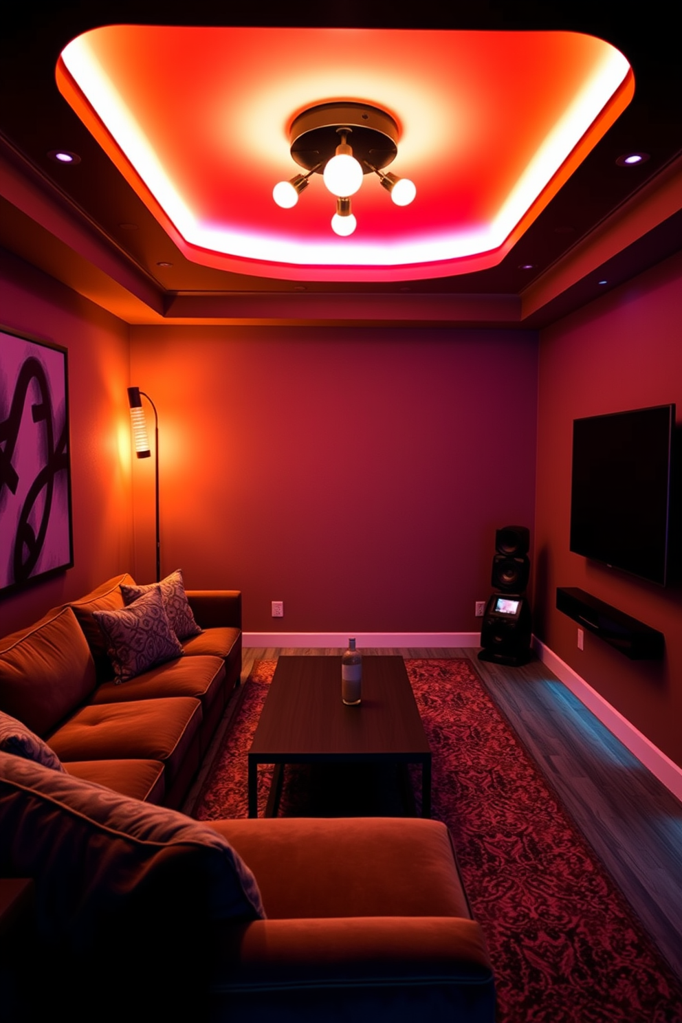 A cozy man cave featuring mood lighting with smart LED bulbs that can change colors to create the perfect ambiance. The space includes a plush sectional sofa, a sleek coffee table, and a wall-mounted flat-screen TV for entertainment.