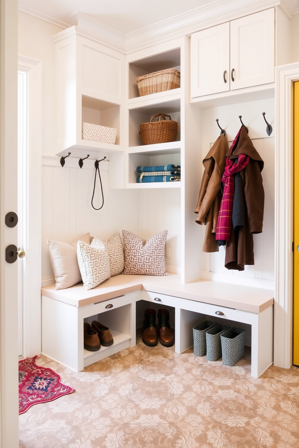 A small mudroom features clever storage solutions under bench seating, providing ample space for shoes and outdoor gear. The bench is upholstered in a durable fabric, and above it, hooks are installed for coats and bags, creating an organized and inviting entryway.