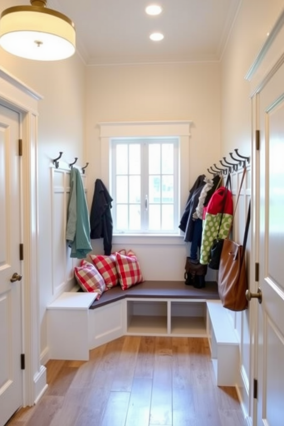 Bright lighting floods the small mudroom, creating an inviting atmosphere. The walls are painted in a soft white hue, complementing the light wood flooring. A built-in bench with storage cubbies sits against one wall, adorned with colorful cushions. Hooks for coats and bags line the opposite wall, adding functionality and charm.