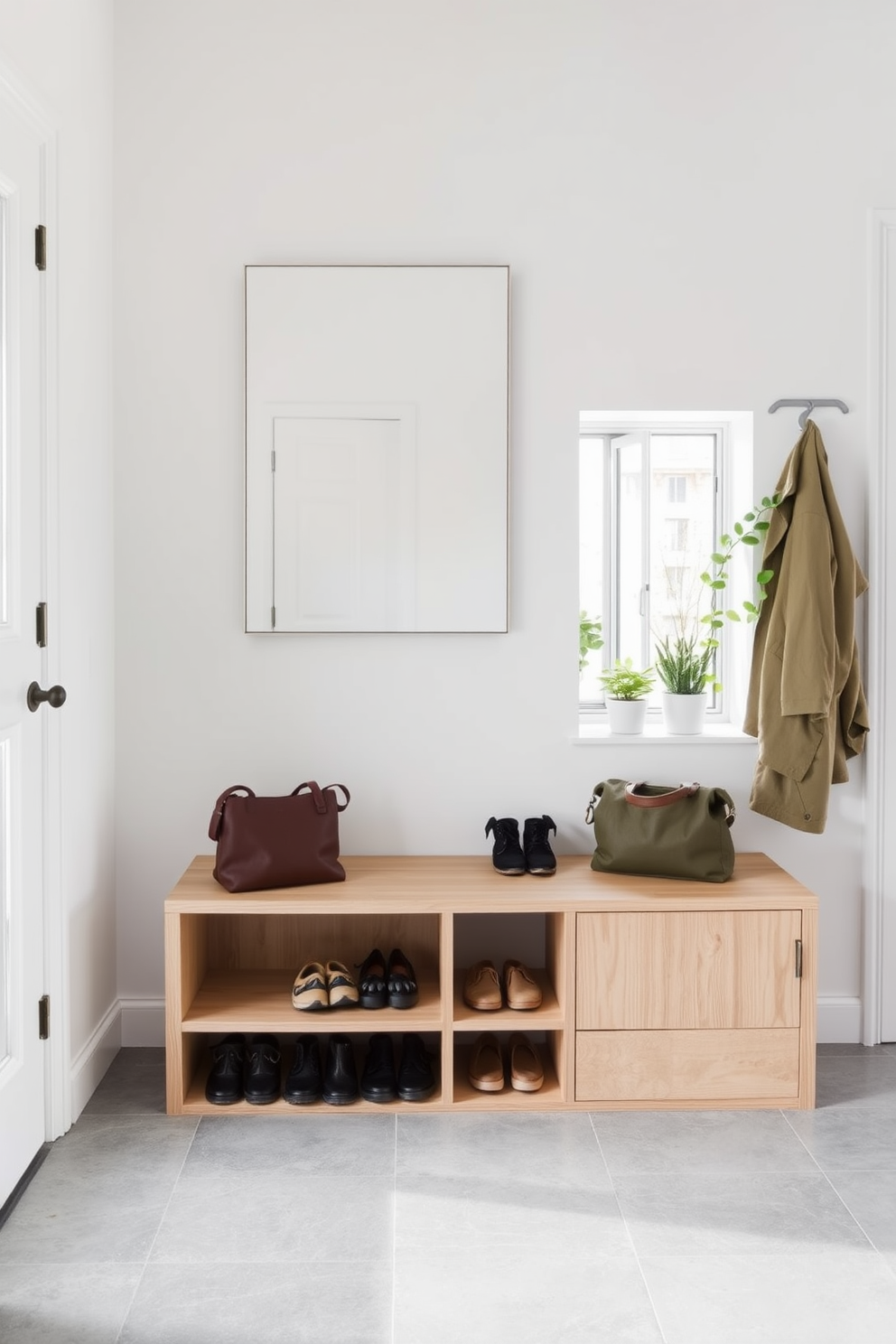 A cozy mudroom featuring reclaimed wood accents that add rustic charm. The space includes a built-in bench with storage underneath and hooks for hanging coats, creating a warm and inviting entryway.