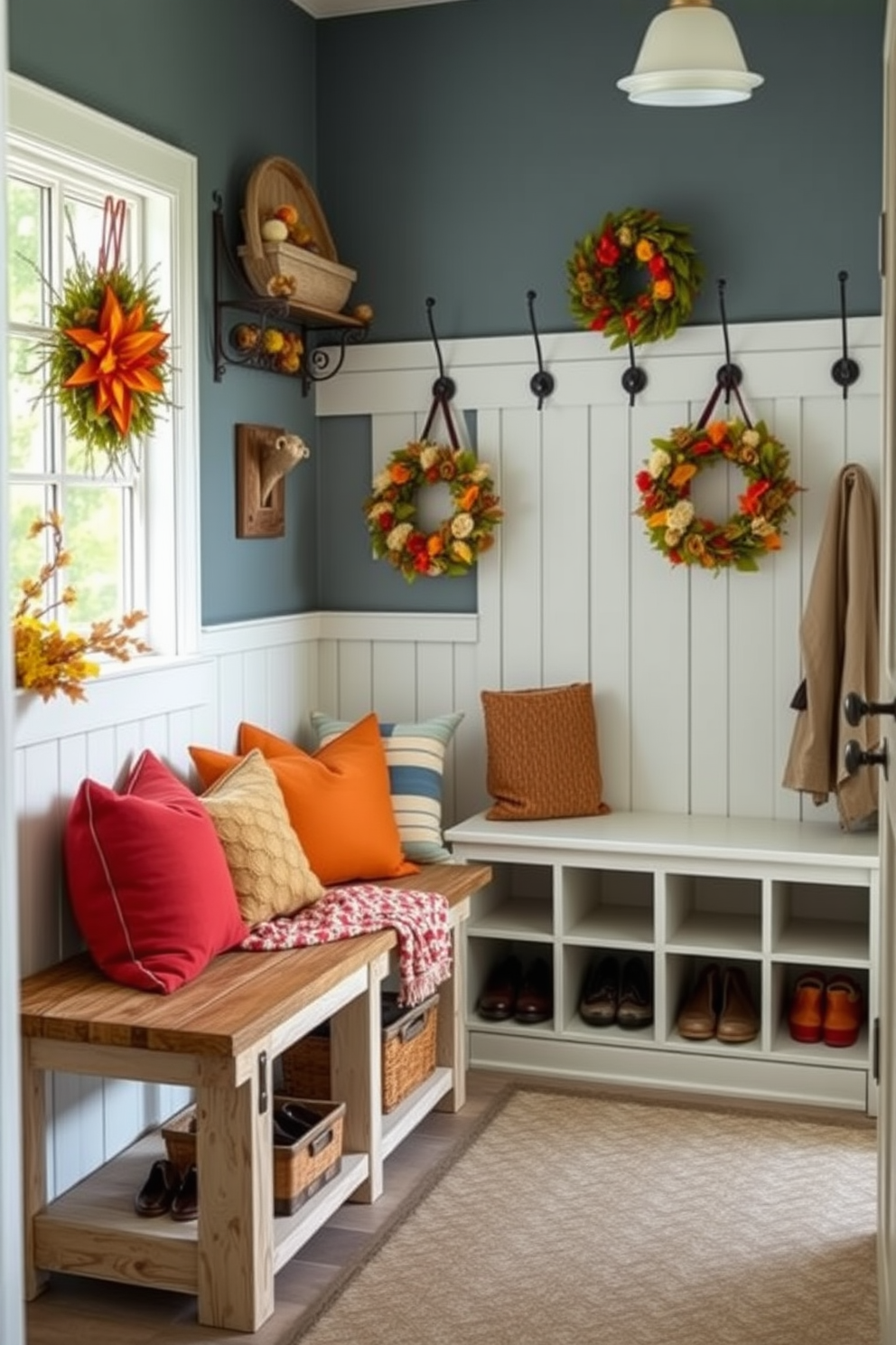 Seasonal decor to personalize the space. Imagine a cozy mudroom adorned with autumn-themed decorations, featuring a rustic bench with colorful throw pillows and a wall-mounted coat rack embellished with seasonal wreaths. Small mudroom design ideas. Visualize a compact mudroom with built-in storage solutions, including cubbies for shoes and hooks for coats, paired with a cheerful color palette of soft blues and whites to create an inviting atmosphere.