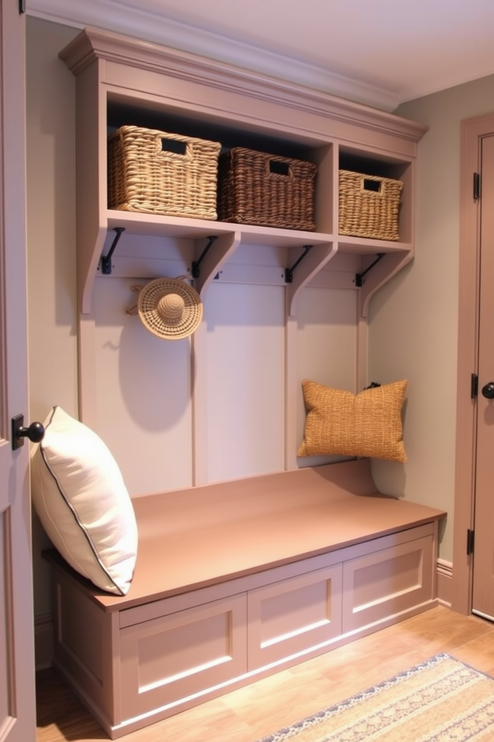 A cozy mudroom featuring built-in benches with soft cushions. Stylish baskets are neatly arranged on shelves for organized storage, adding a touch of warmth and functionality.