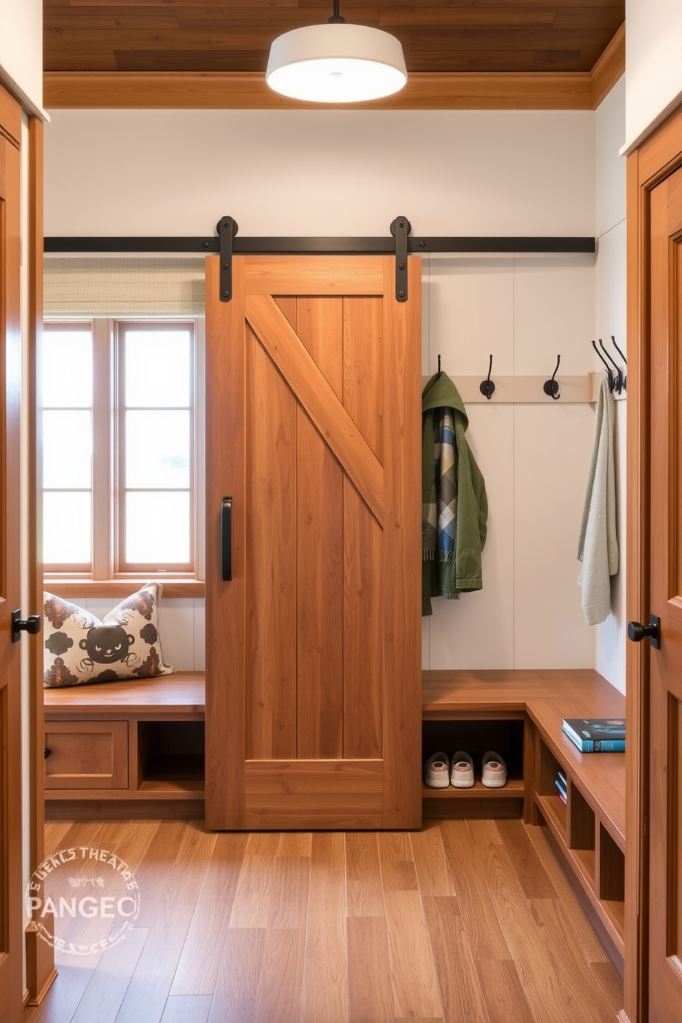 A charming mudroom featuring hooks adorned with decorative elements that enhance the overall aesthetic. The space is filled with natural light, showcasing a mix of rustic and modern design elements for a welcoming atmosphere. The walls are painted in a soft neutral tone, creating a warm backdrop for the stylish hooks. A bench with storage underneath sits against one wall, providing both functionality and comfort in this small yet inviting area.