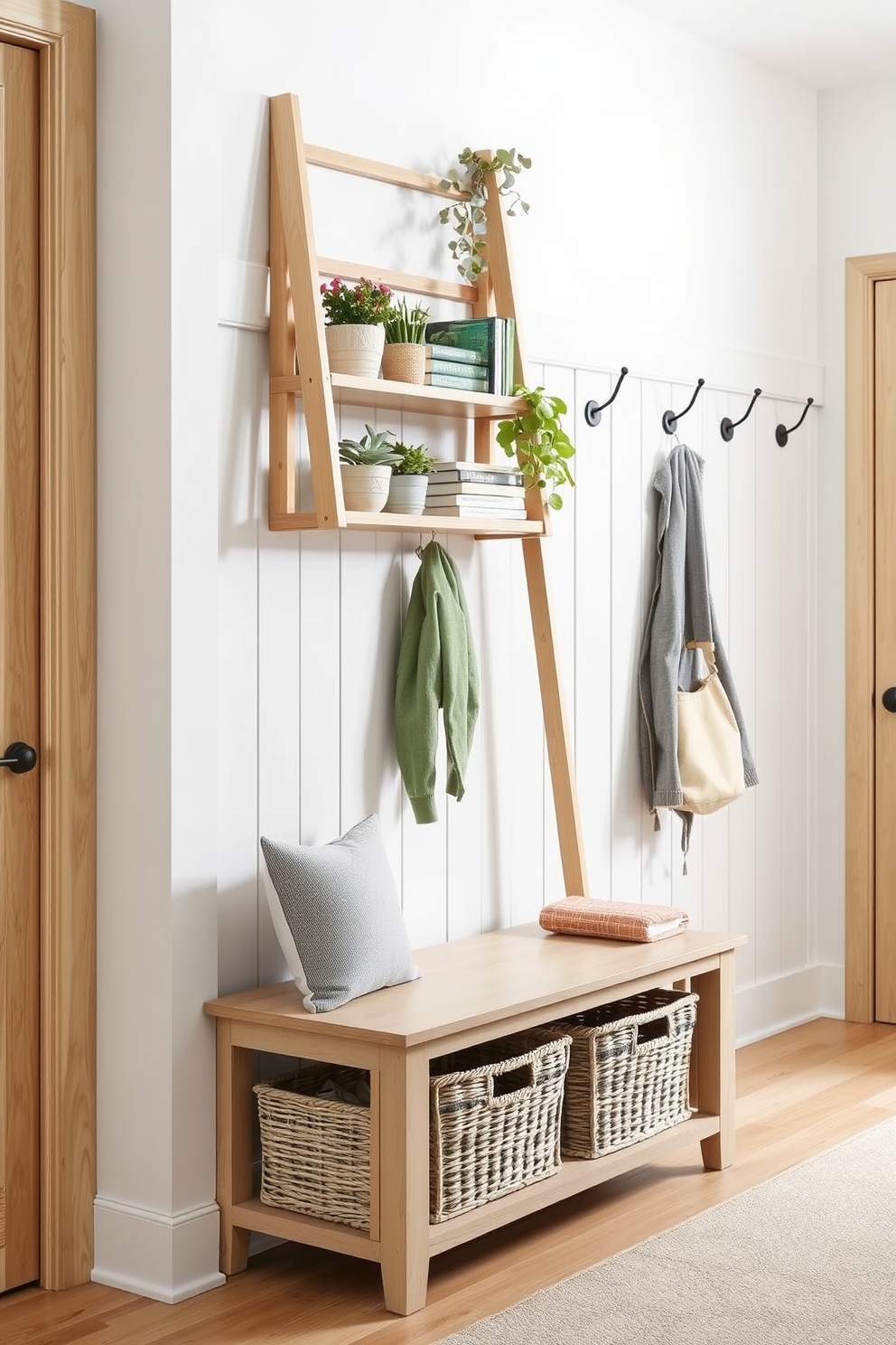 A cozy mudroom featuring a fold-down table that provides extra workspace when needed. The walls are painted in a soft gray, complemented by a built-in bench with storage underneath and hooks for coats above.