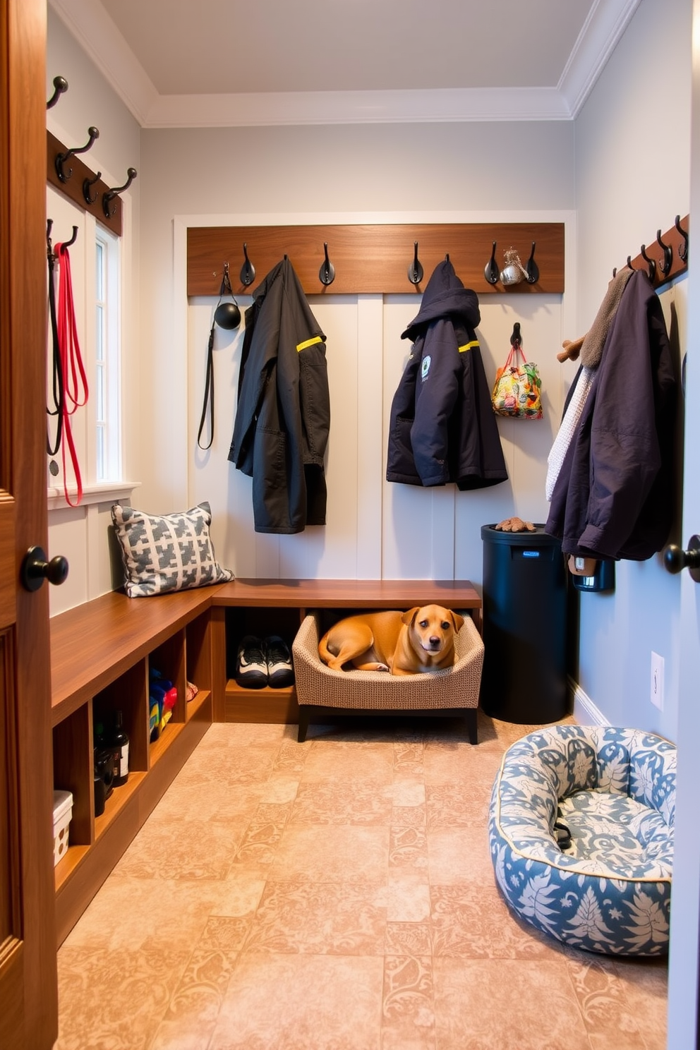 A stylish mudroom featuring built-in benches with hidden compartments for storage. The walls are adorned with shiplap, and there are hooks for coats and bags, with a durable tile floor for easy cleaning. Furniture pieces designed with hidden compartments that blend seamlessly into the overall aesthetic. Each piece offers functionality while maintaining a sleek and sophisticated appearance, perfect for maximizing space.