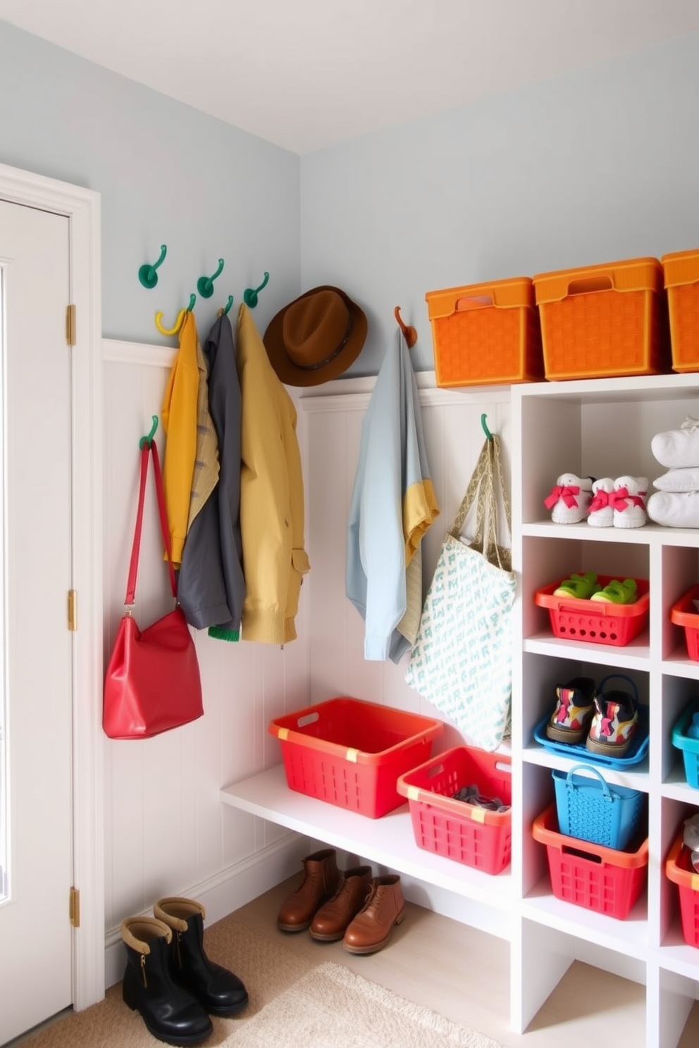 A charming mudroom designed for children features colorful hooks at varying heights for easy access to jackets and bags. Baskets in bright hues are neatly arranged on shelves, providing a playful yet organized space for storing shoes and outdoor gear.