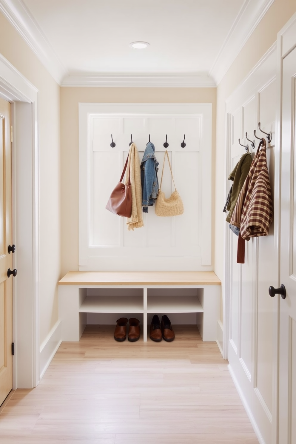 Neutral color palette for a calm vibe. The walls are painted in soft beige with white trim, and the flooring features light wood planks. In the mudroom, a built-in bench with storage below provides a cozy seating area. Hooks for coats and bags are mounted on the wall above, creating an organized and inviting space.