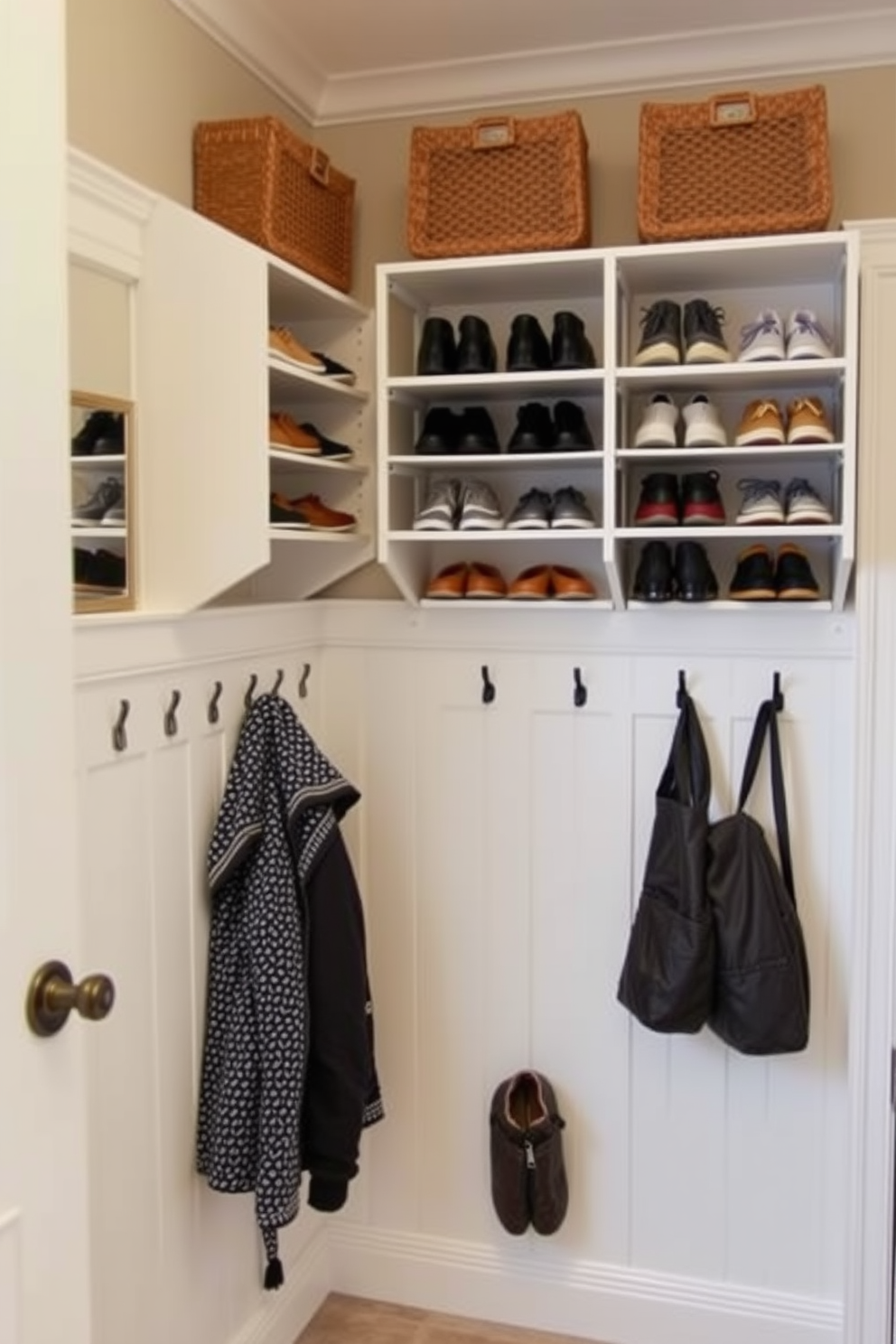 A functional mudroom featuring wall-mounted shoe racks for efficient storage. The space is designed with a light color palette and includes hooks for coats and bags, creating an organized entryway.