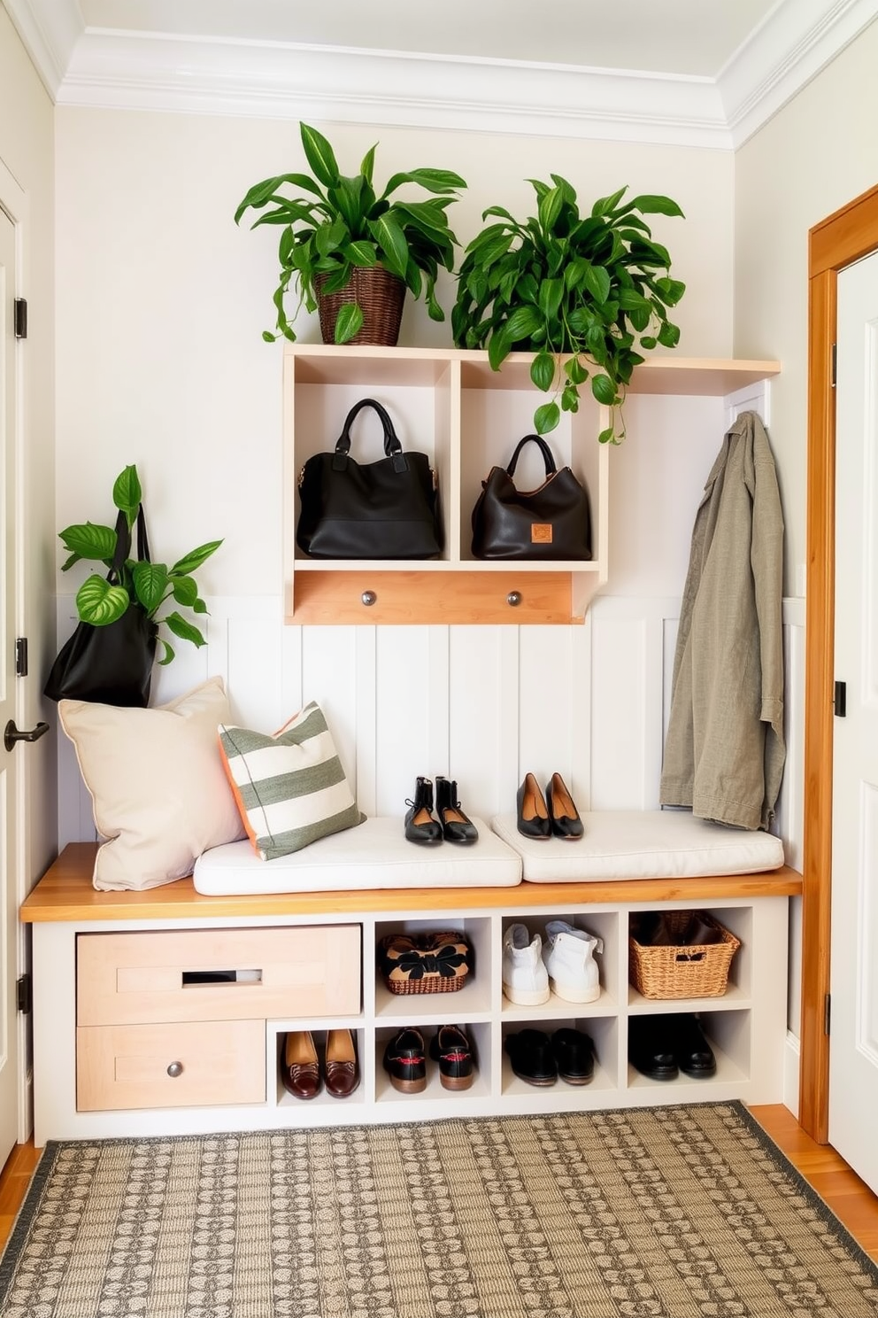 A cozy mudroom features a bench with built-in storage underneath and hooks for hanging coats. Large mirrors on opposite walls enhance the sense of space and reflect natural light, creating an inviting atmosphere.