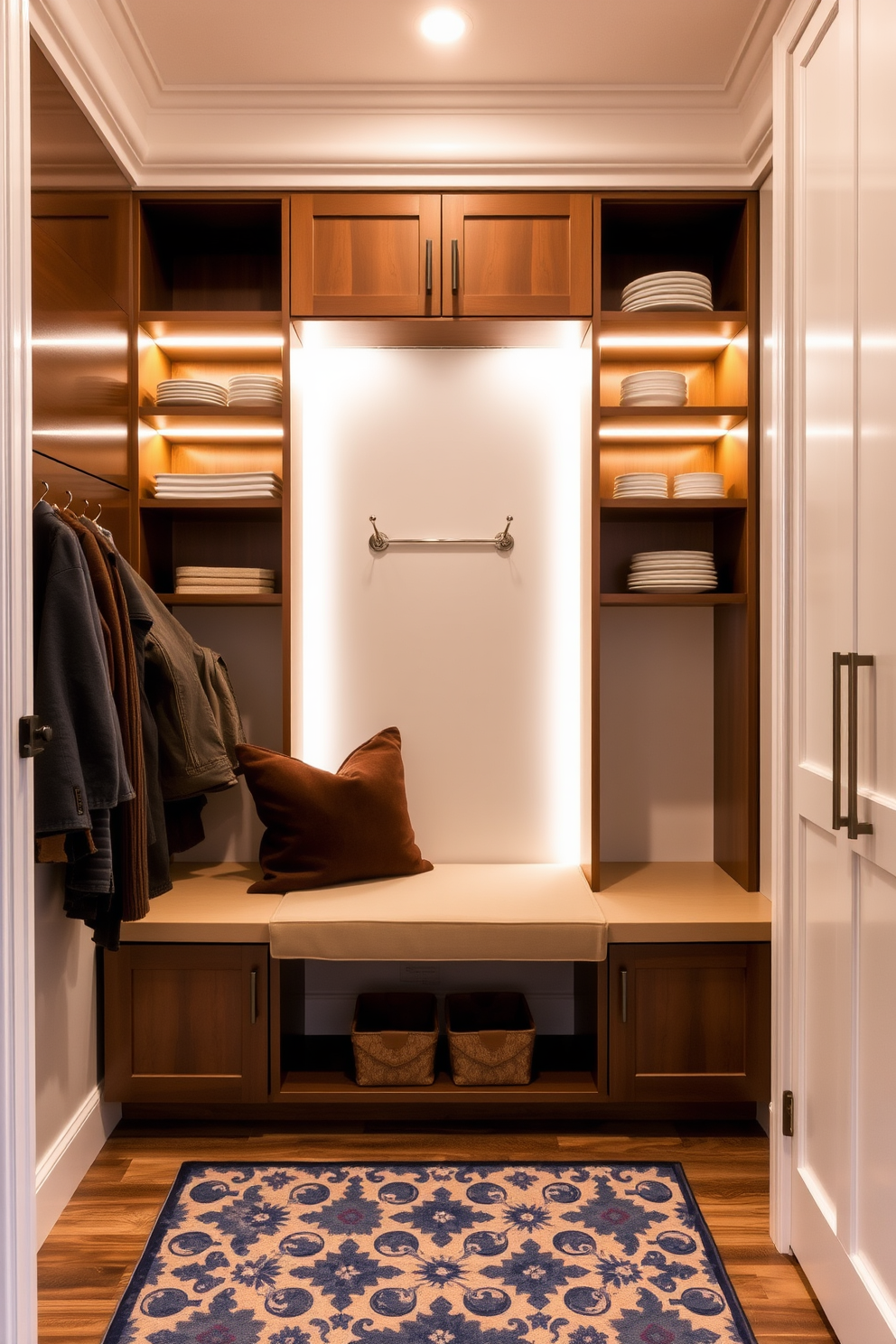 A small mudroom with a functional bench made of light wood and soft cushions for comfort. The walls are painted in a soft gray, and there are hooks for coats and bags neatly arranged above the bench. A woven basket sits on the floor for shoe storage, keeping the space organized. A large window allows natural light to flood the area, enhancing the inviting atmosphere.