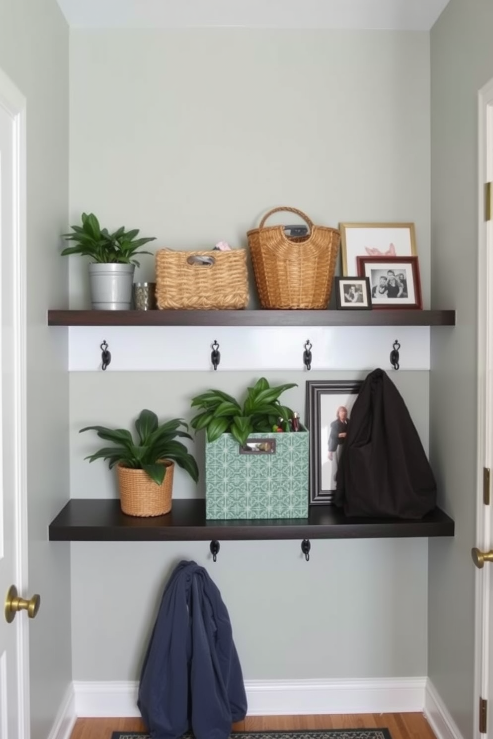 A small mudroom features floating shelves that provide decorative storage. The shelves are adorned with potted plants, stylish baskets, and framed photos, creating an inviting and organized space.