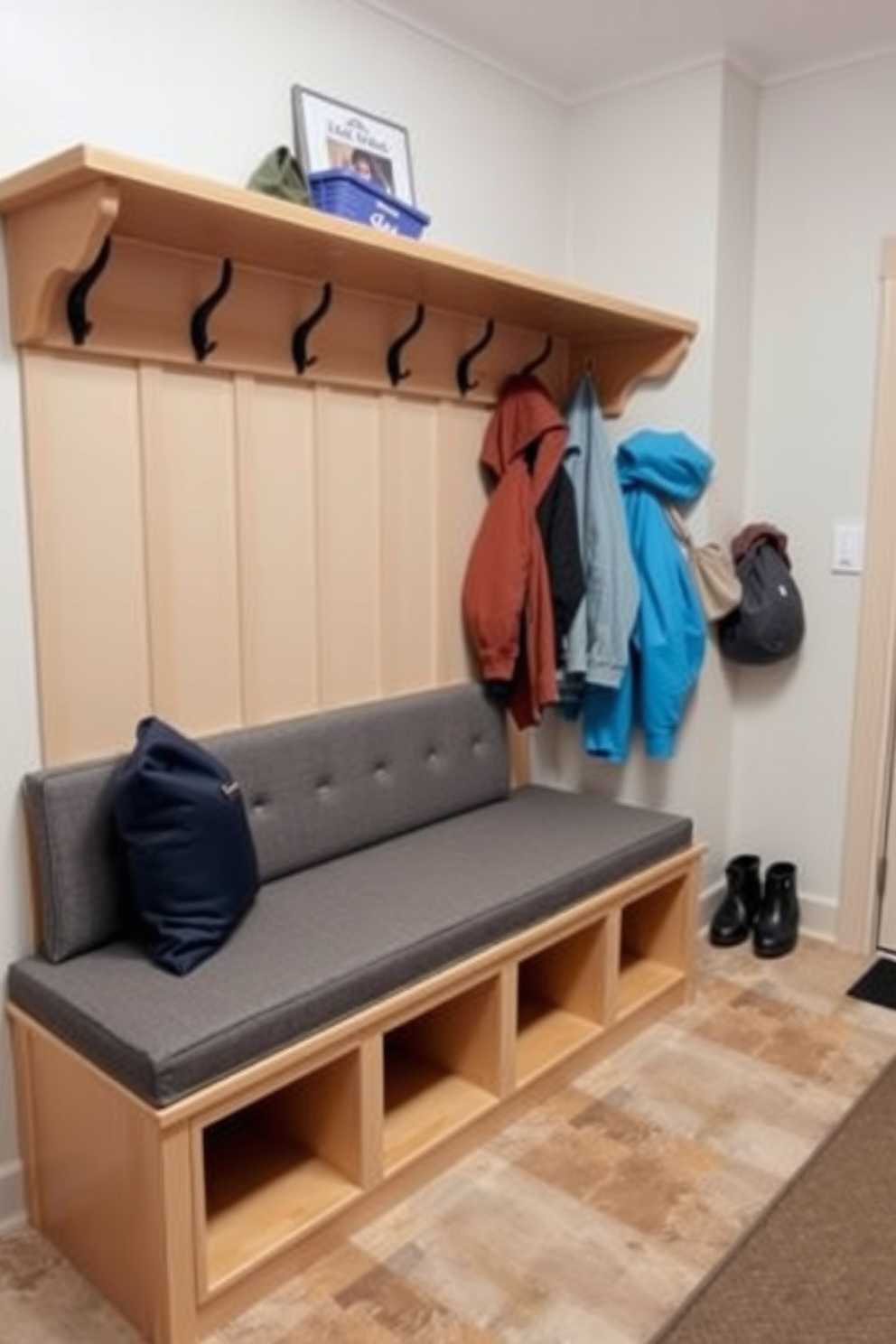 A cozy mudroom with a mirrored wall that reflects light and creates a sense of spaciousness. The design features built-in benches with storage underneath and hooks for hanging coats and bags. The walls are painted in a soft gray hue, complementing the warm wood accents of the benches. A patterned rug adds a touch of color and comfort to the space.