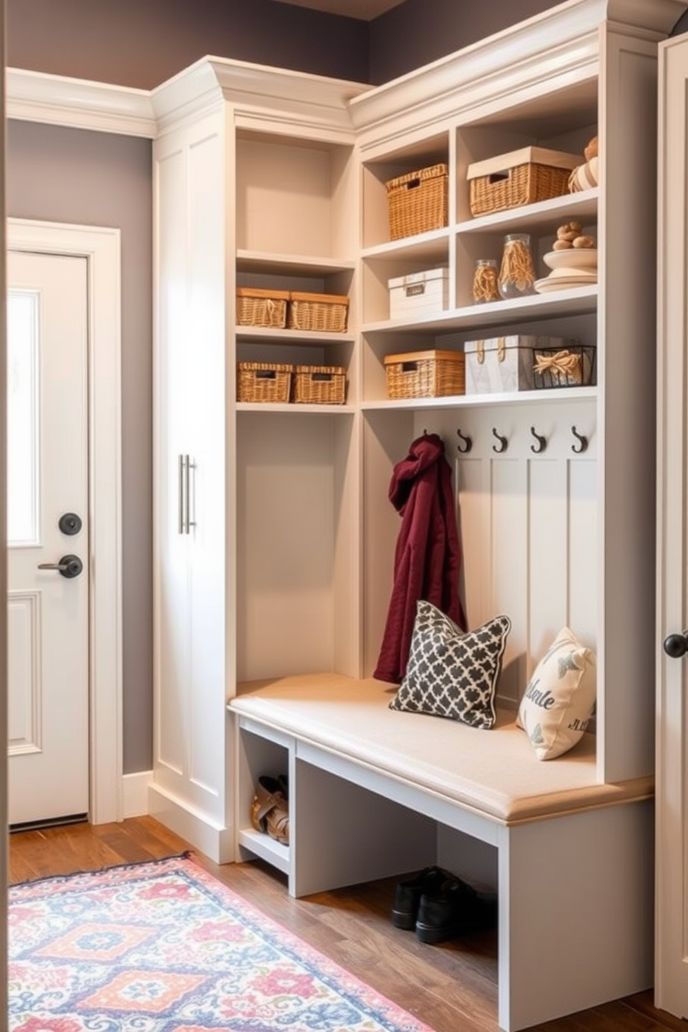 Vertical storage for small spaces. Imagine a compact entryway featuring tall shelving units that maximize height while maintaining a sleek profile. The shelves are filled with neatly organized baskets and decorative boxes, providing both functionality and style. A small bench with built-in storage sits below, offering a practical spot for putting on shoes. Small Mudroom Design Ideas. Envision a cozy mudroom with built-in cubbies for shoes and coats, paired with a charming bench for seating. The walls are adorned with hooks for easy access, and a vibrant rug adds a pop of color to the space, creating an inviting atmosphere.