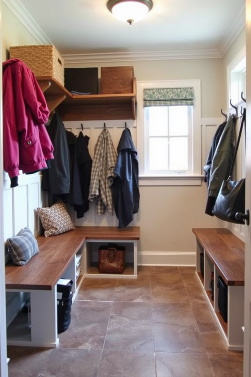 A charming mudroom features a sliding barn door that seamlessly blends rustic charm with modern functionality. The space is designed with built-in benches and hooks for coats, providing an organized and inviting entryway.